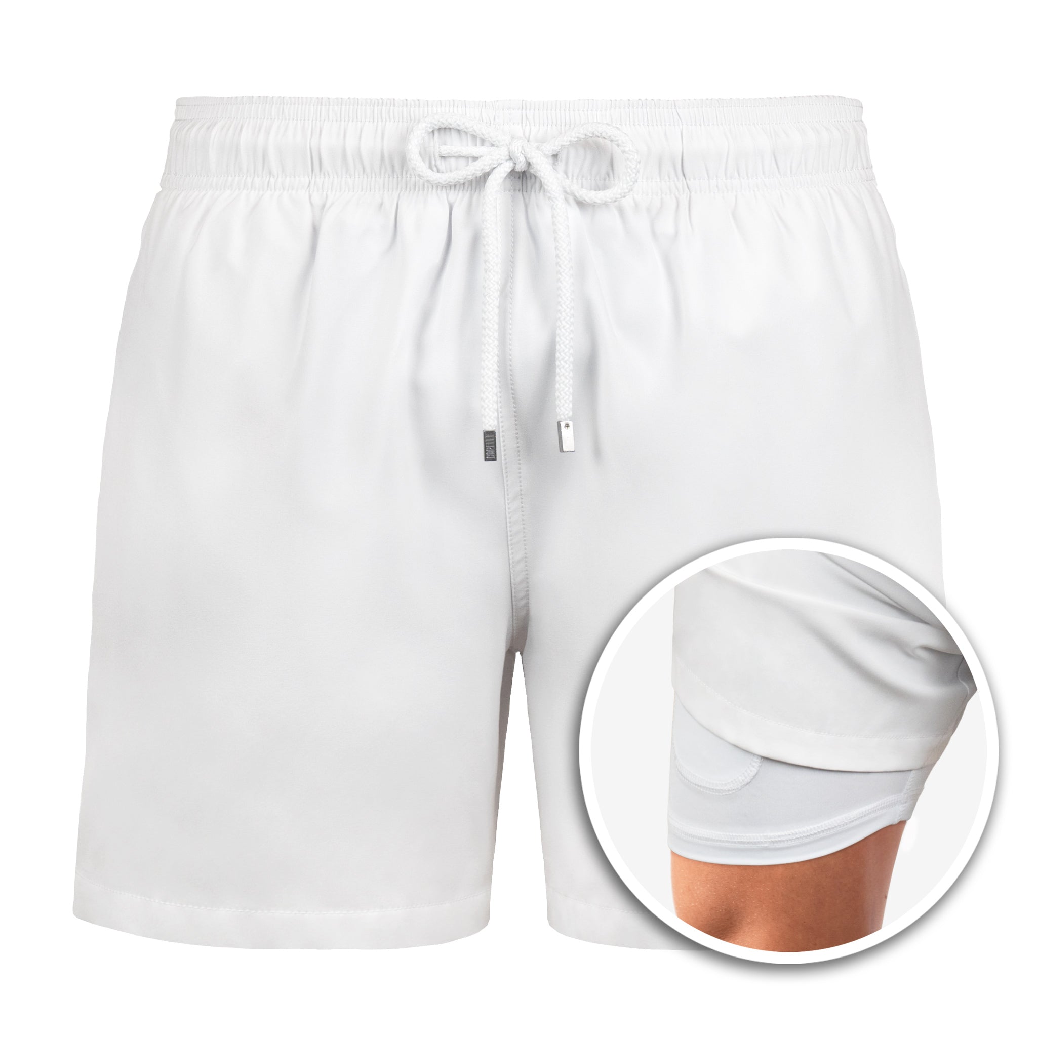 White shorts with a close-up inset showing the fabric texture on a white background
