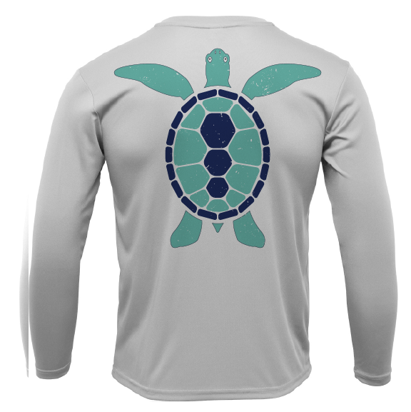 Gray long-sleeve shirt with a green turtle design on the back against a white background