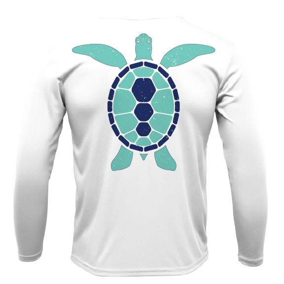 White long-sleeve shirt with a green turtle graphic on a white background