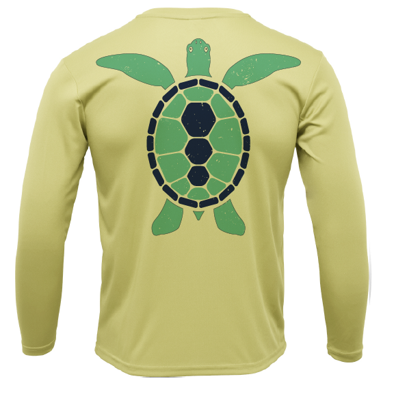 Yellow long-sleeve shirt with a green turtle design on the back against a white background