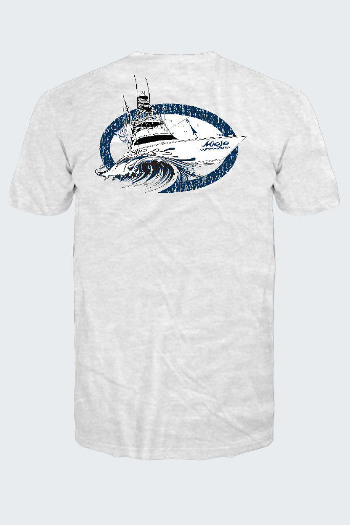 White t-shirt with a graphic of a ship on a wave and 'Majestic' branding on a white background