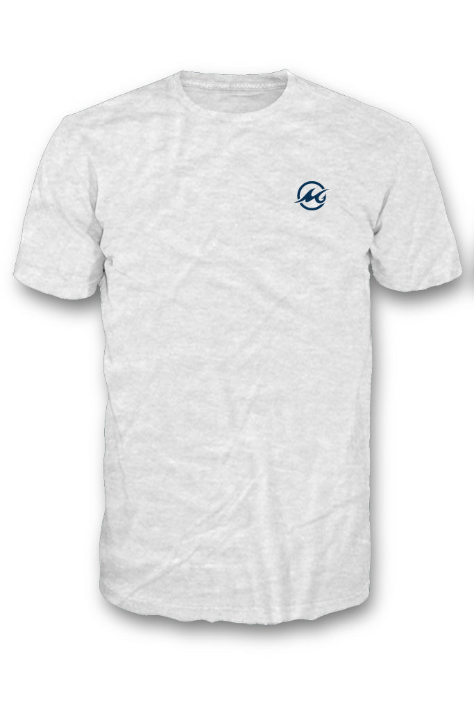 White t-shirt with a blue logo on a white background