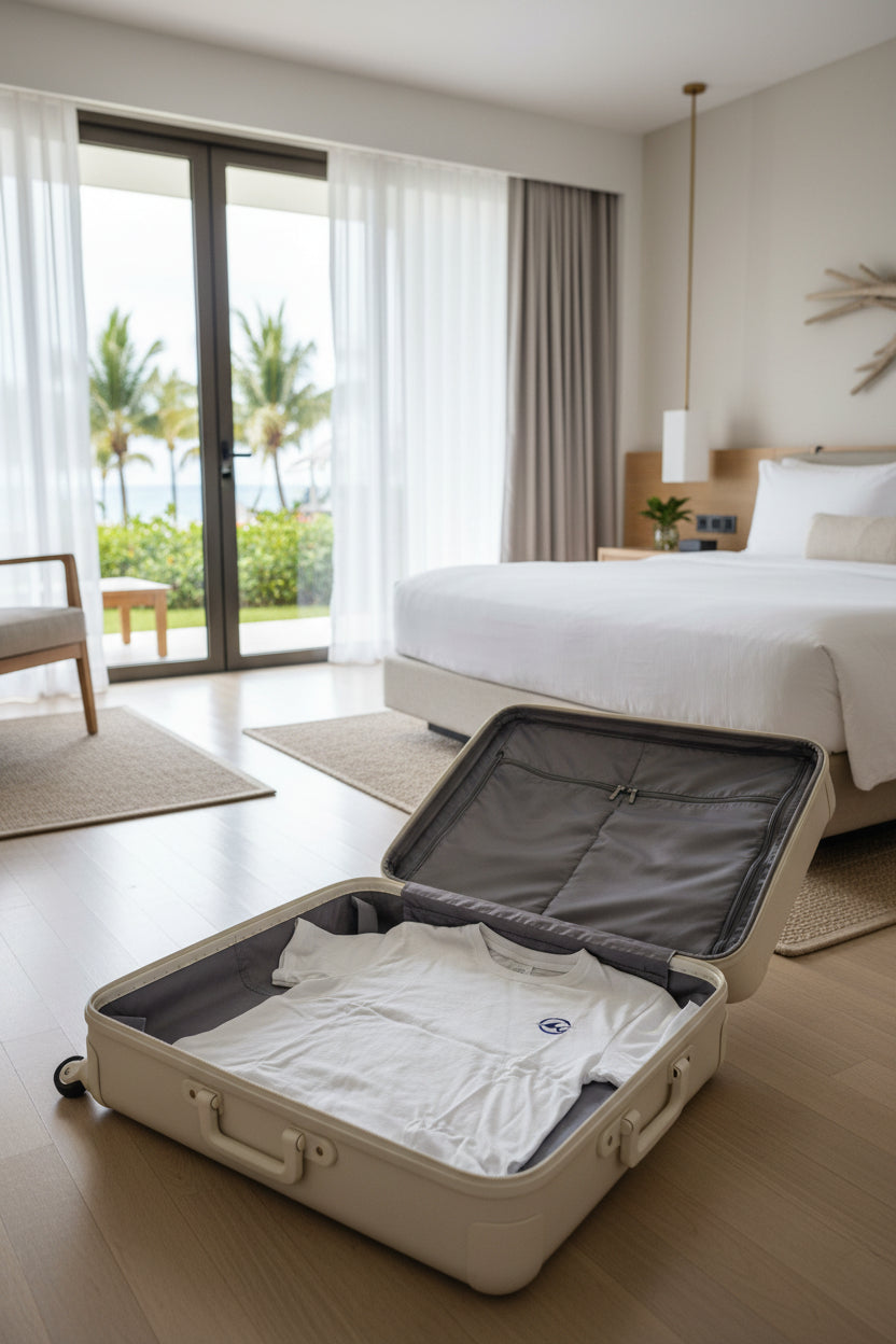 White t-shirt with a blue logo on a white background
