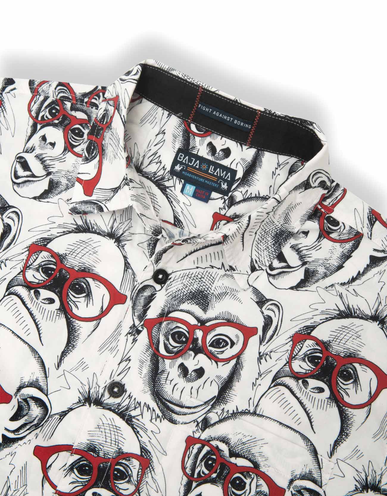 Shirt with monkey pattern wearing red glasses on a white background
