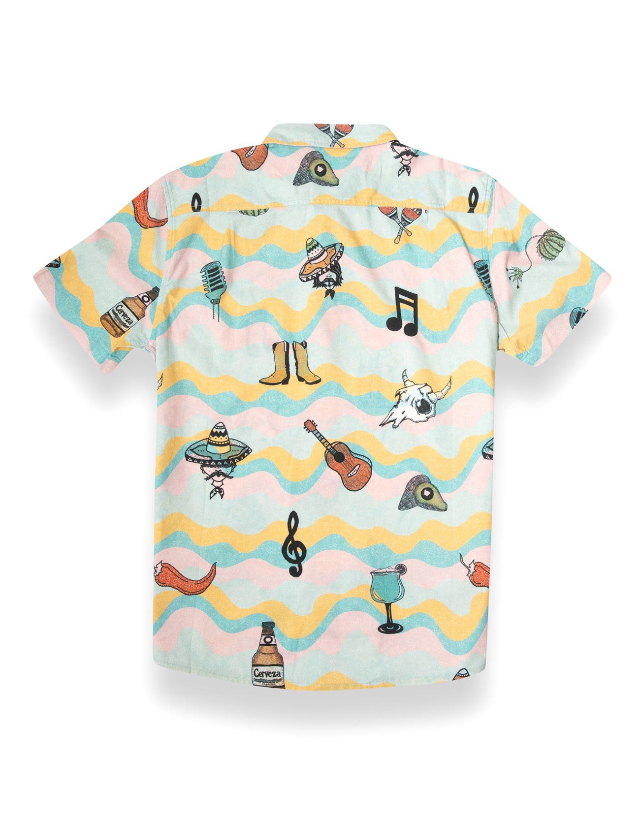 Short-sleeve shirt with colorful pattern on a white background
