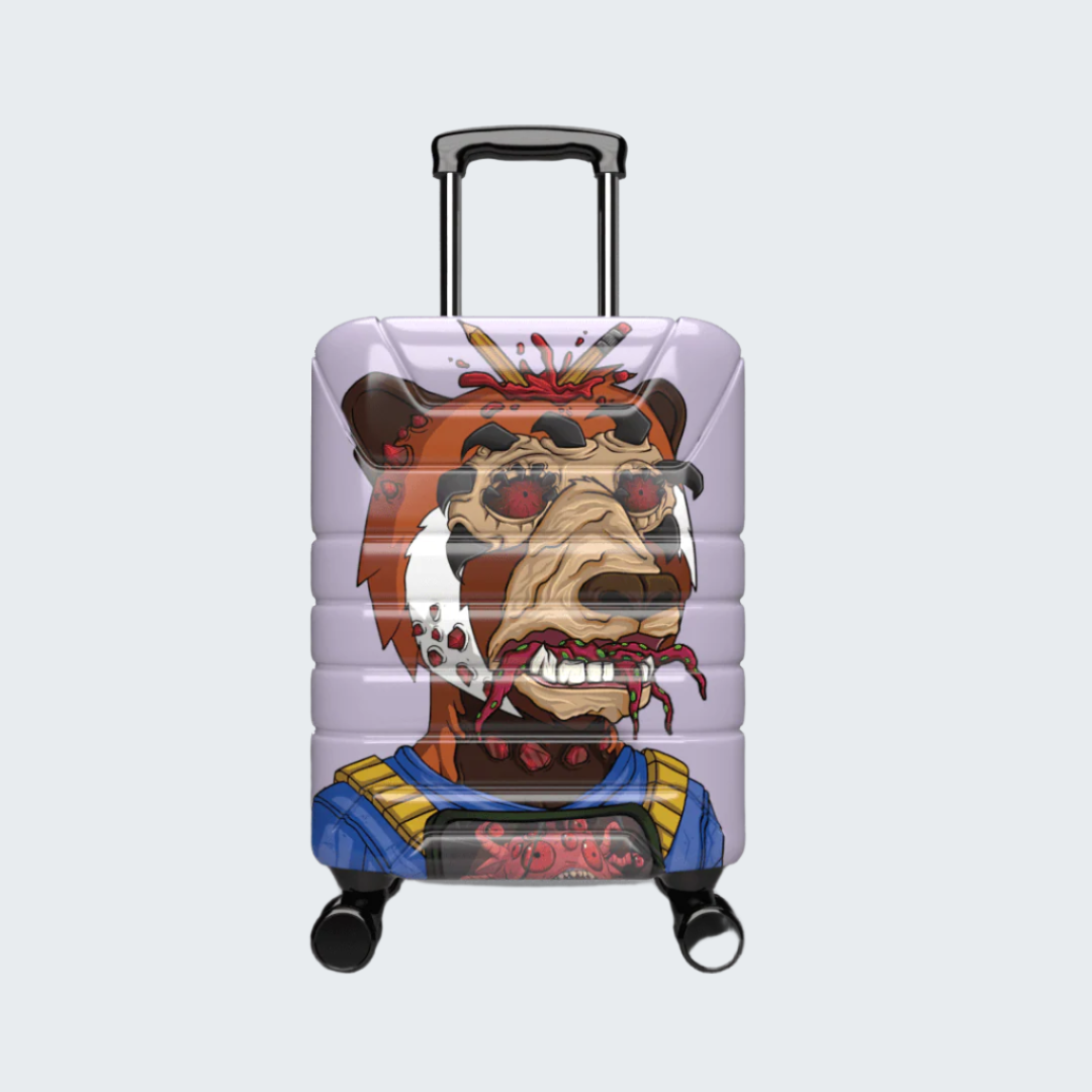Luggage with a colorful bear design on a black background