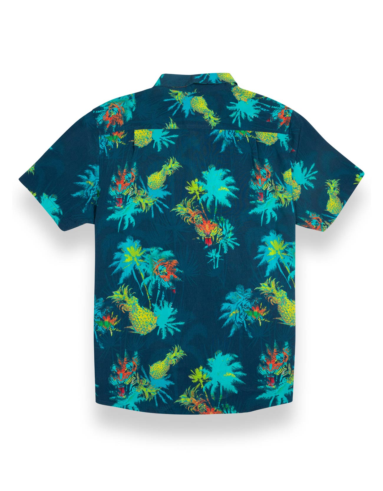 Short-sleeve shirt with colorful tropical pattern on a white background