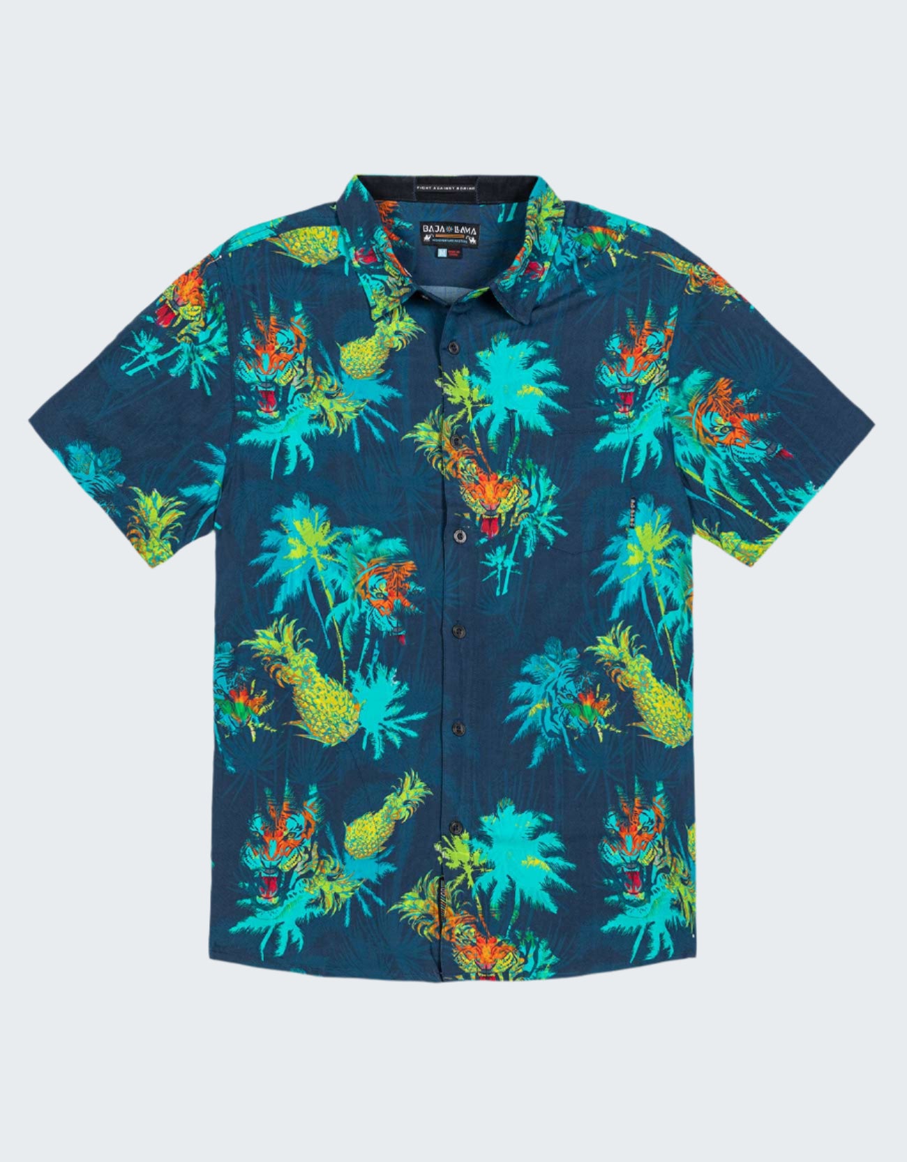 Short-sleeve shirt with tropical pattern on a white background