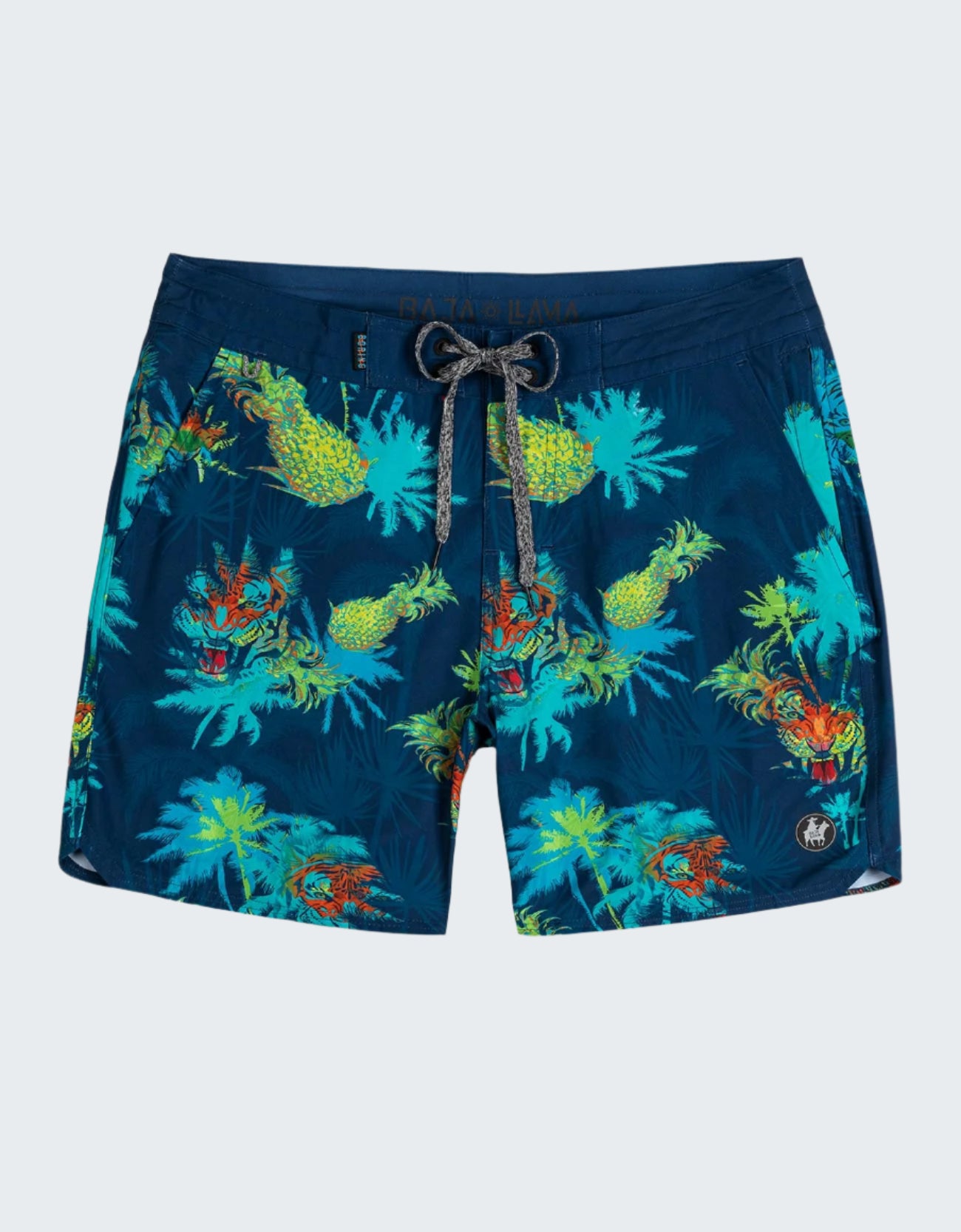 Navy blue swim shorts with colorful pineapple and crab pattern on a white background