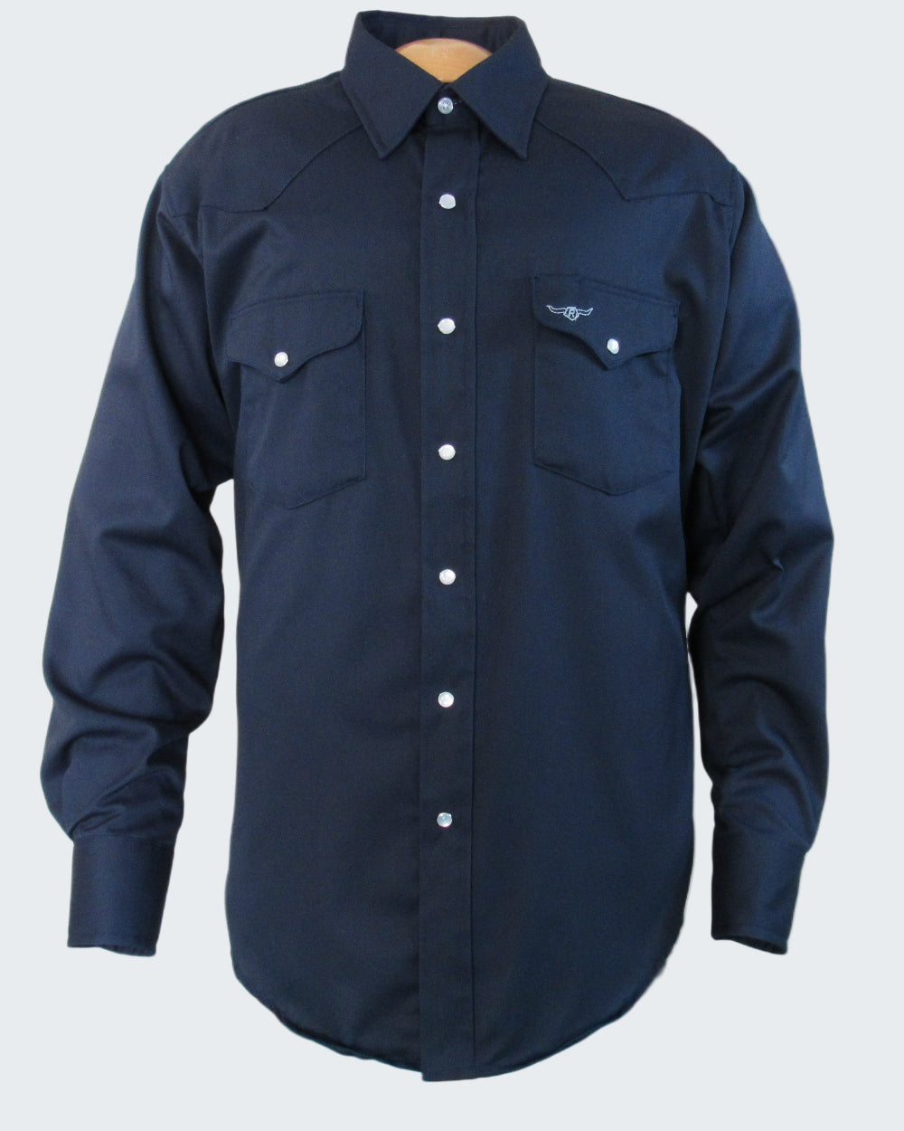 Navy blue shirt with button details on a white background