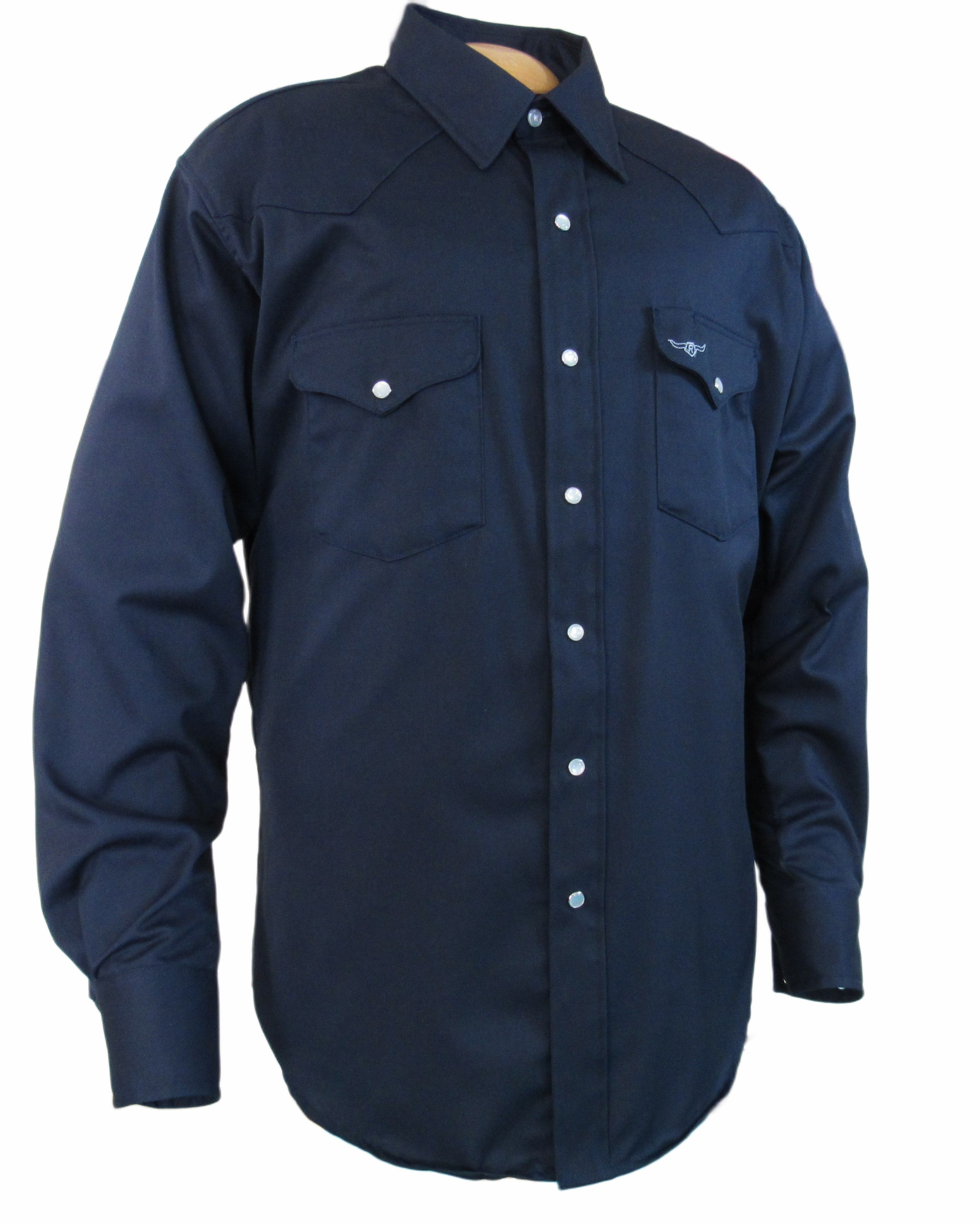 Navy blue button-up shirt with a logo on a white background