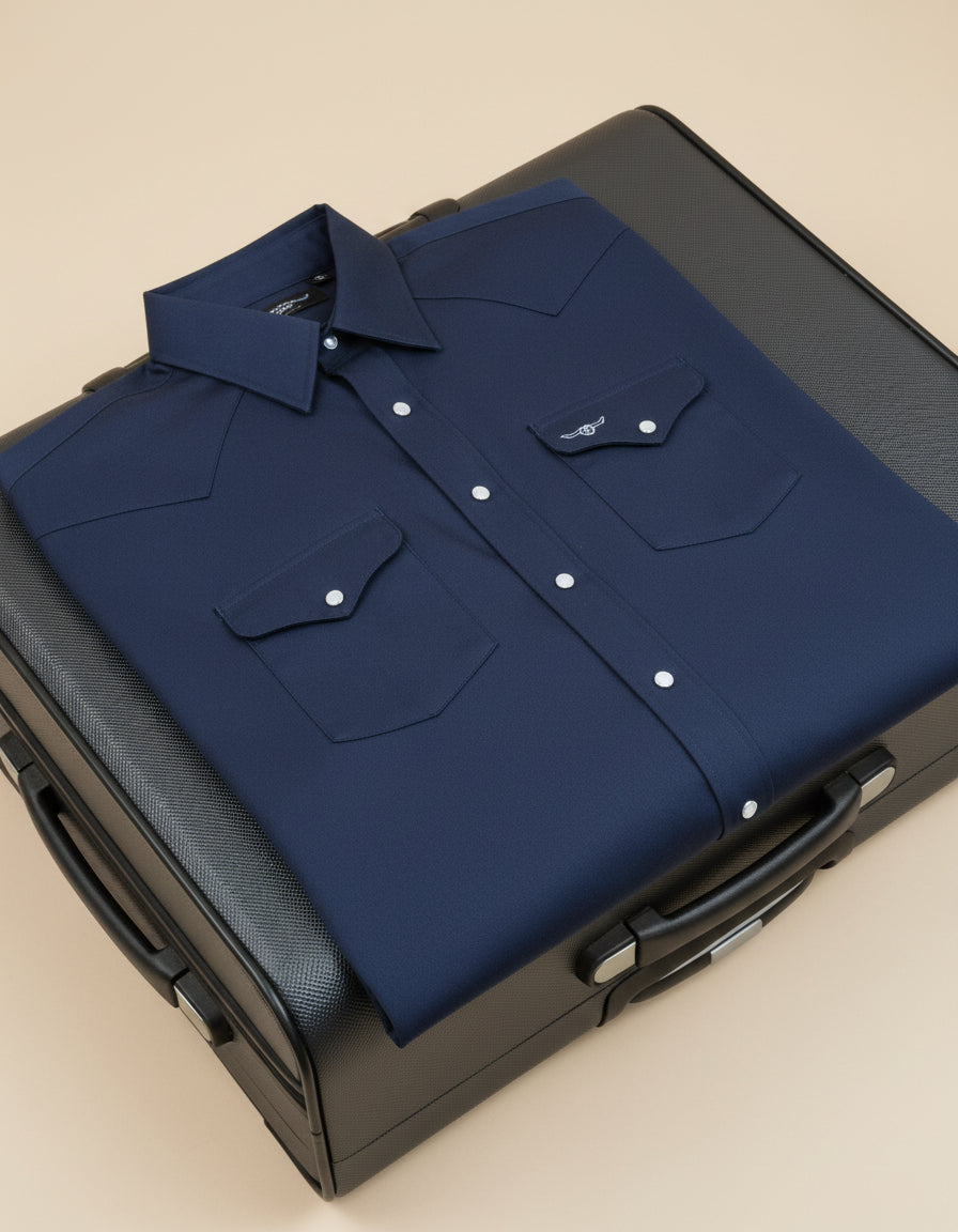 Navy blue button-up shirt with a logo on a white background