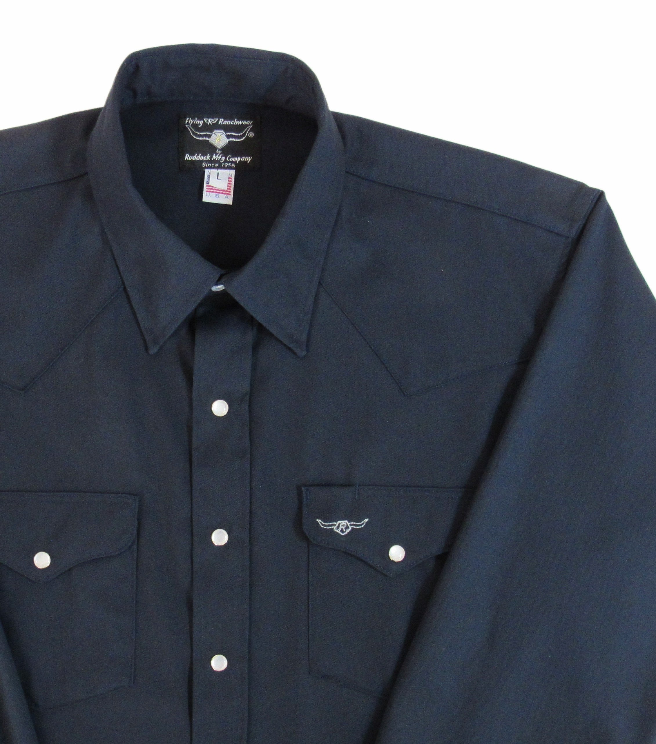 Navy blue shirt with white buttons on a white background