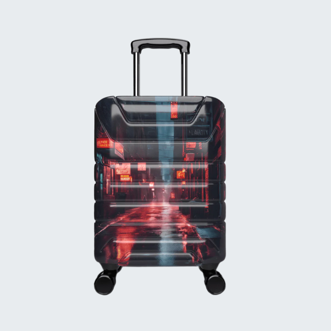 Transparent suitcase with red and blue light effects on a black background