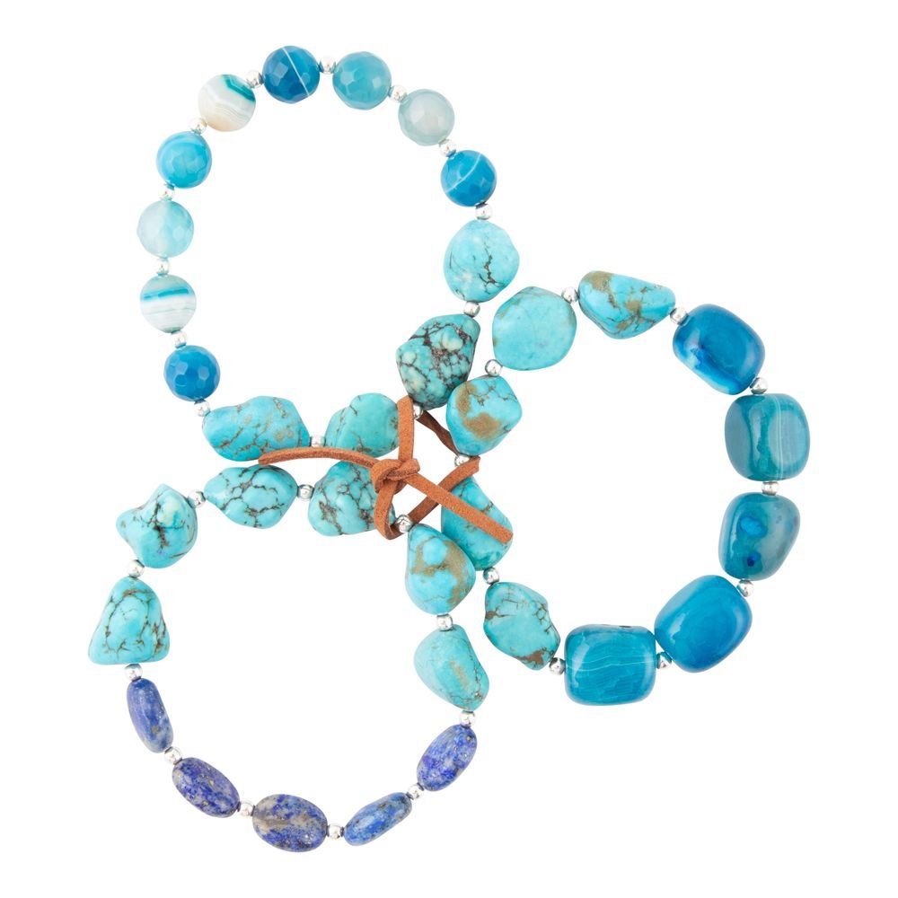 Necklace with turquoise and blue beads on a white background