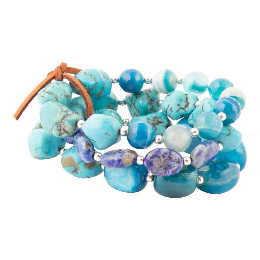 Turquoise beaded bracelet with brown leather strap on a white background