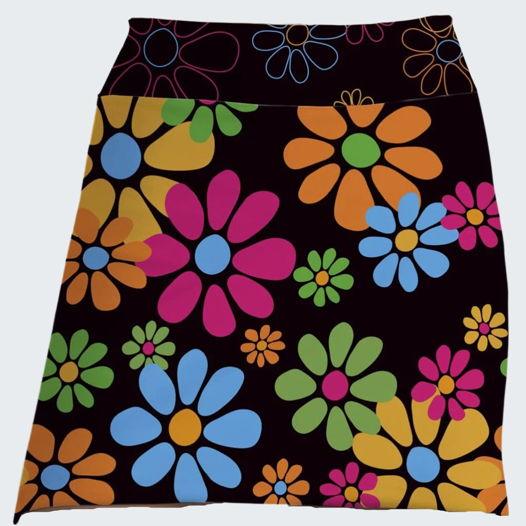 Colorful floral patterned skirt on a black background