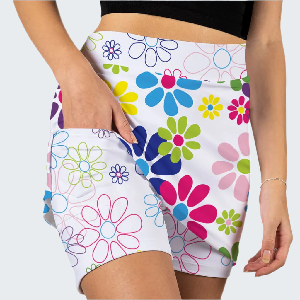 Colorful floral-patterned shorts on a white background