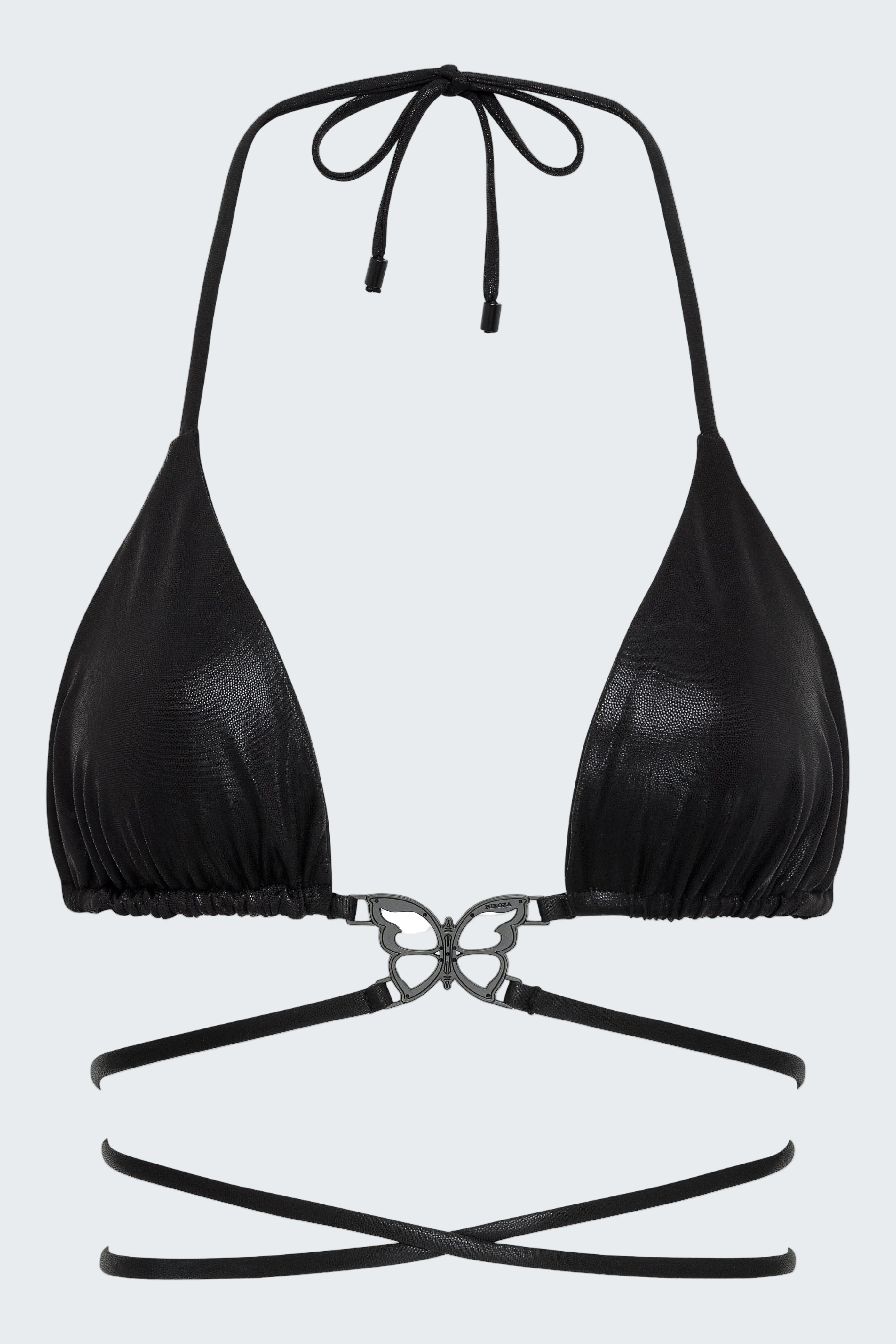 Black bikini top with a unique design on a white background
