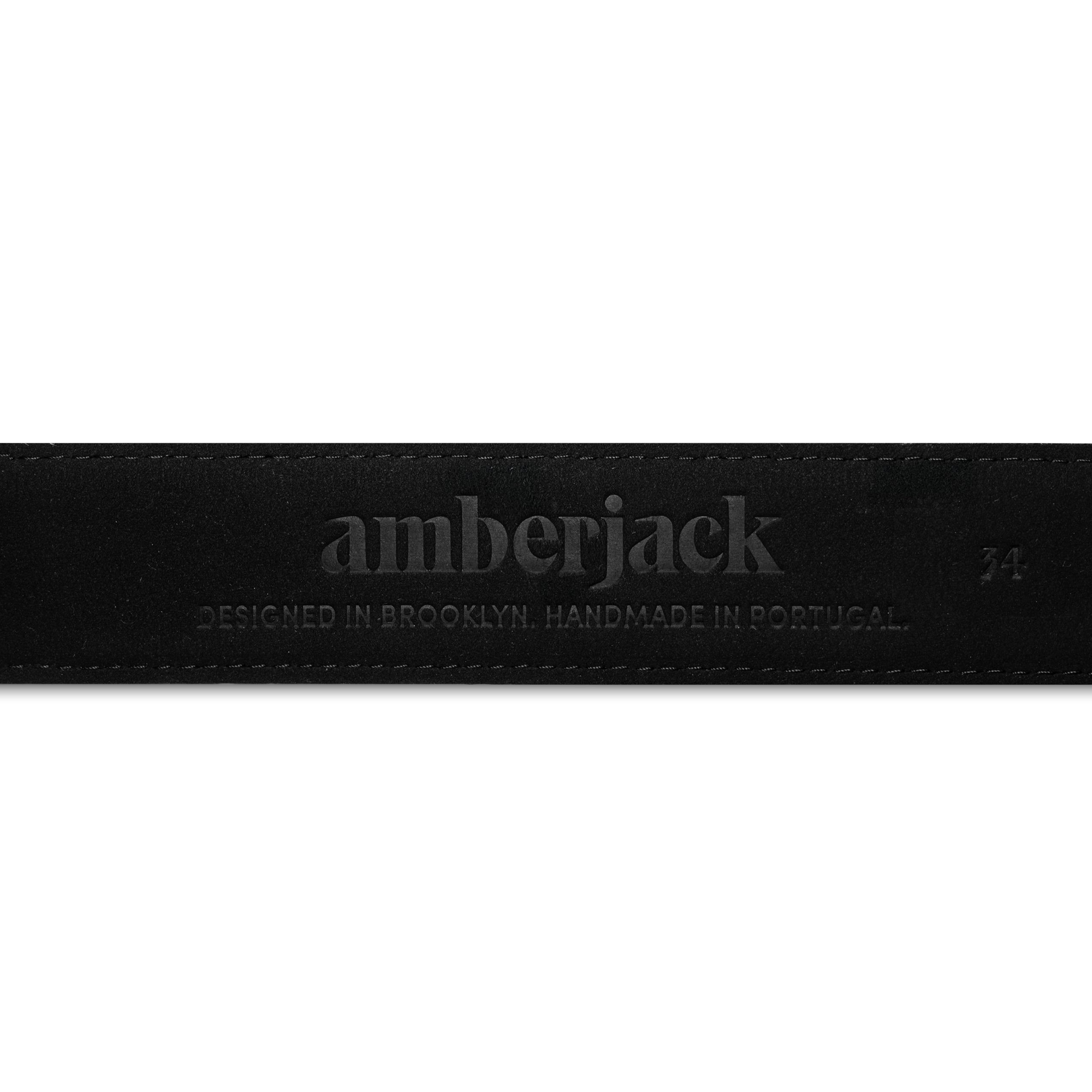 Black leather strap with 'amberjack' branding on a white background