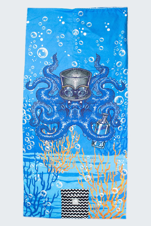 Beach towel with octopus design on a blue background