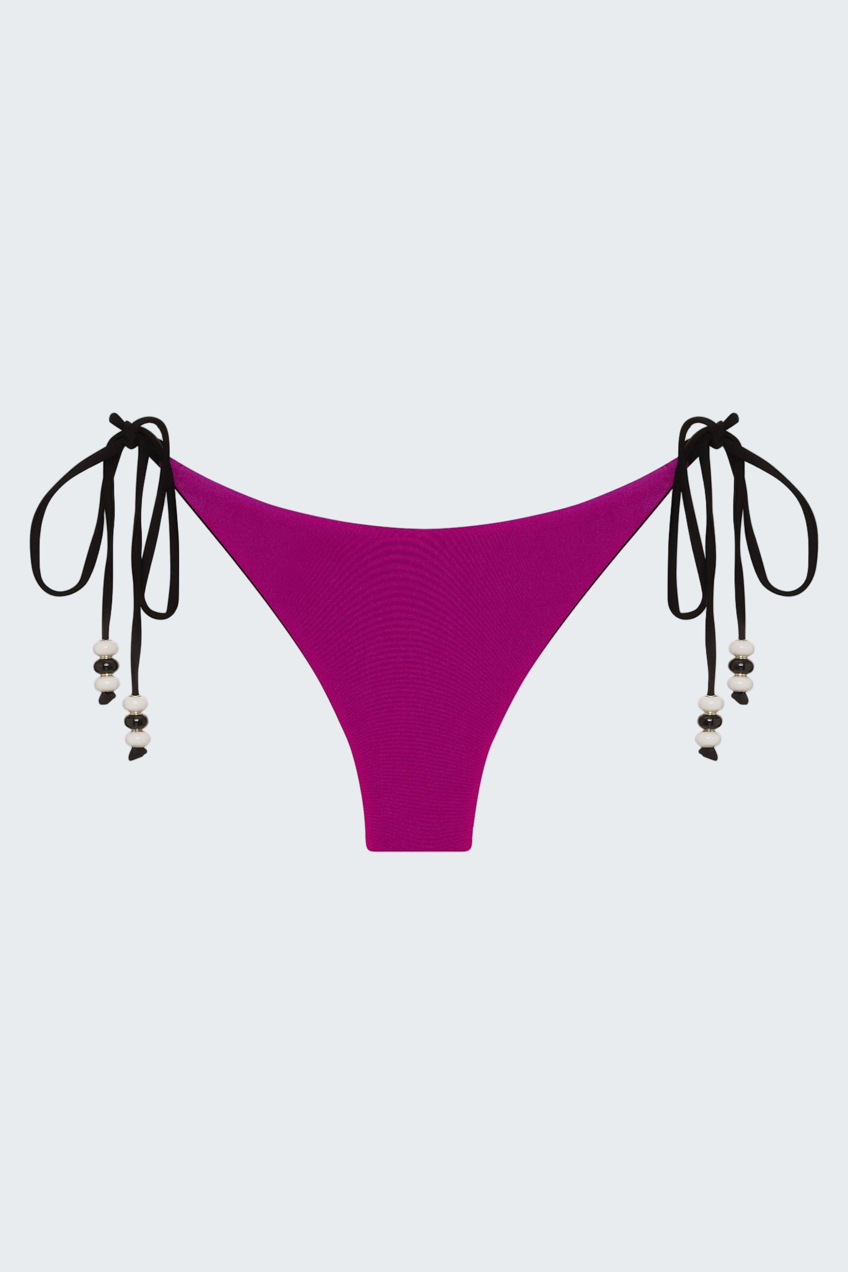 Purple bikini bottom with black strings on a white background