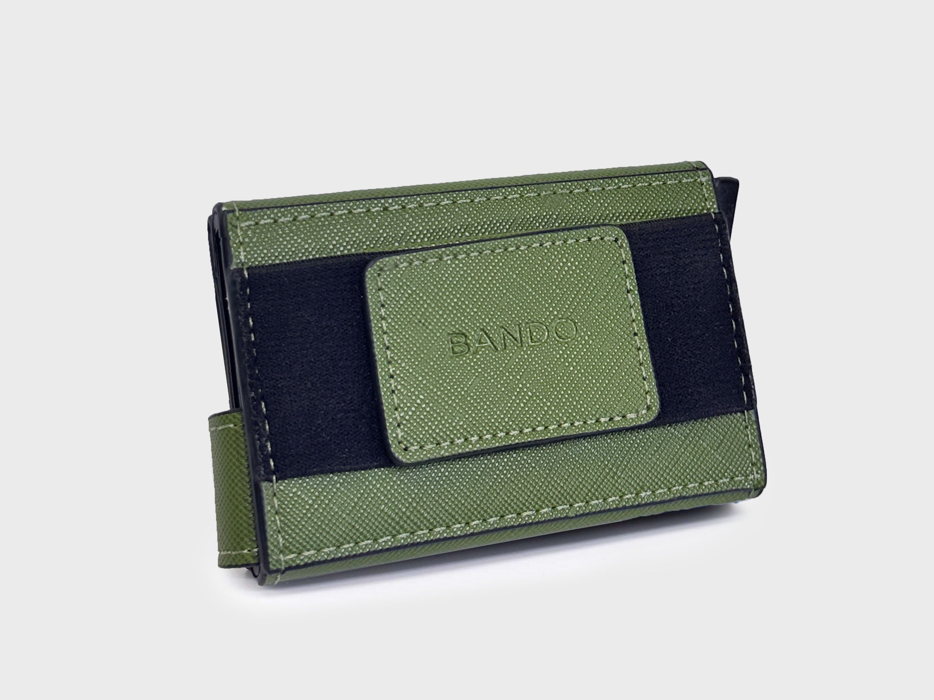 Green cardholder with black accent on a light gray background