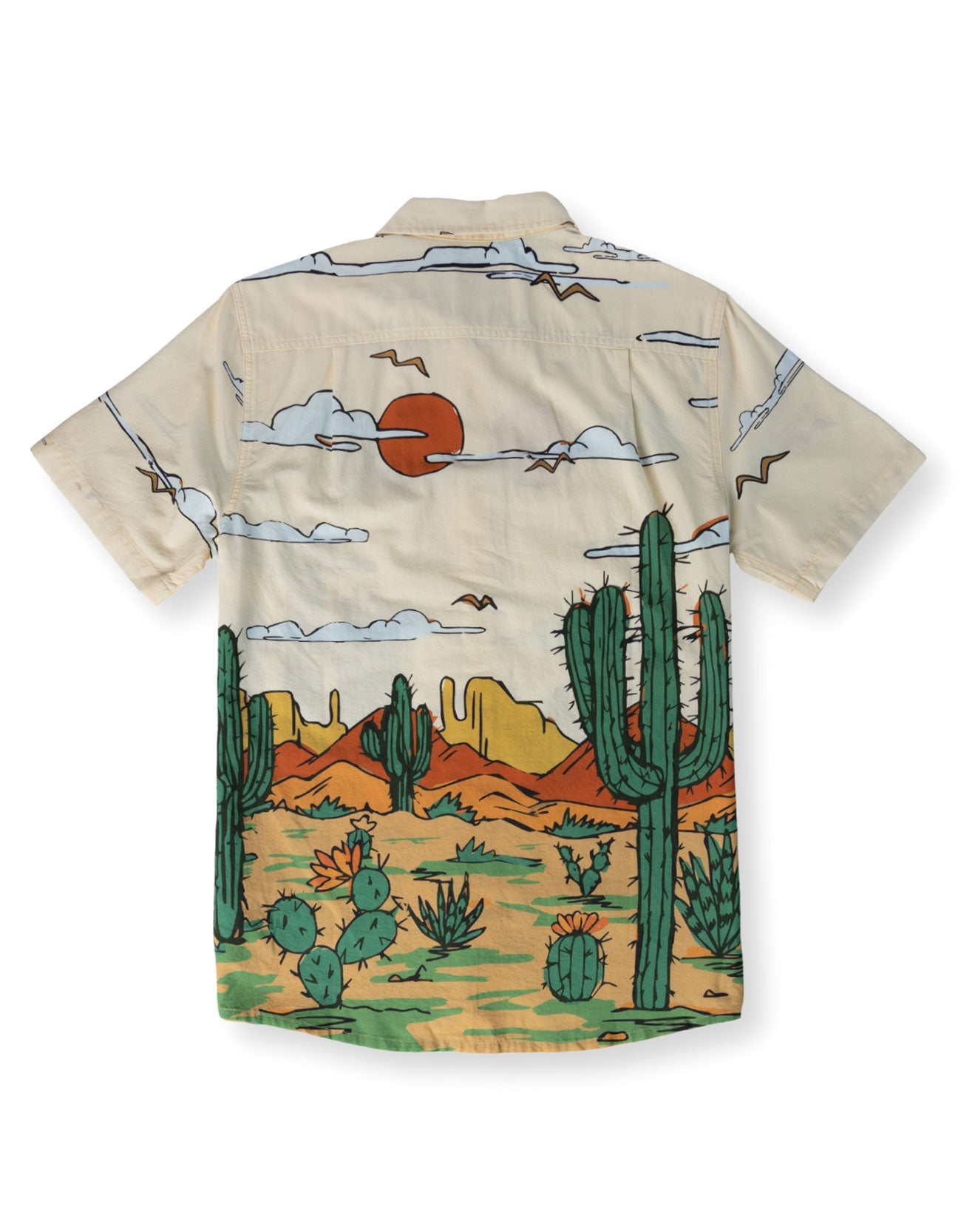 Short-sleeve shirt with desert landscape and cactus design on a beige background