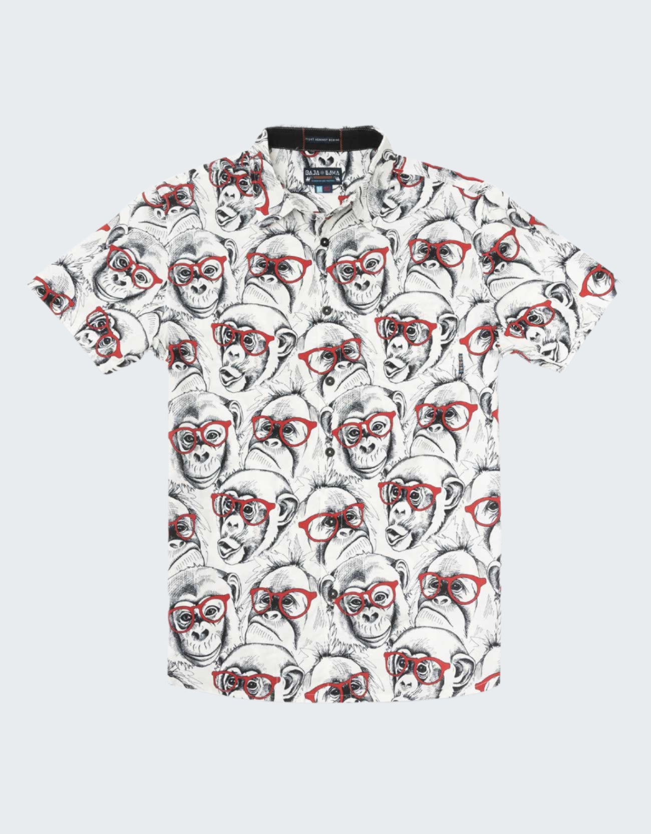 Short-sleeve shirt with monkey print featuring red glasses on a white background