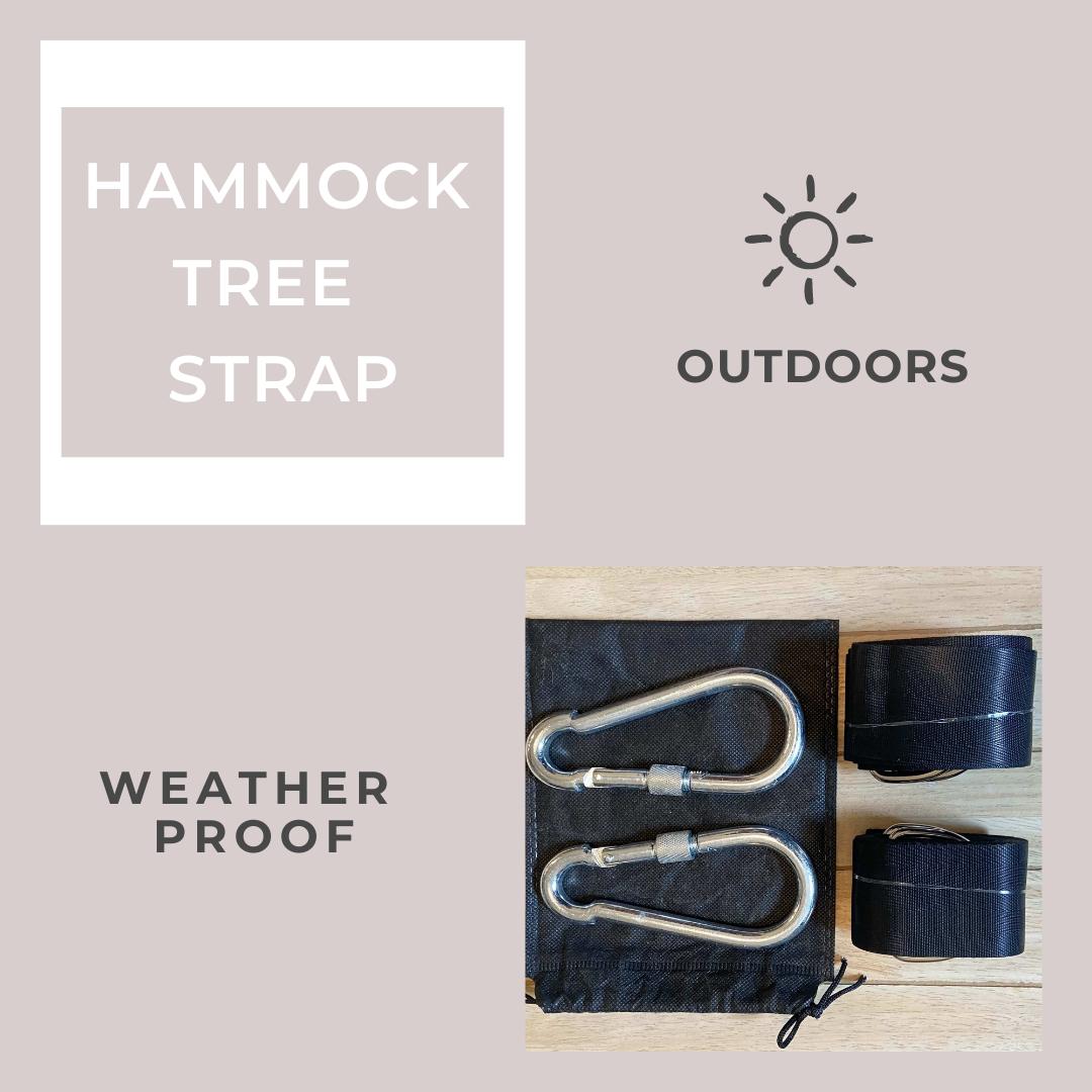 Hammock tree strap set with carabiners on a wooden surface, labeled 'Outdoors' and 'Weather Proof'.