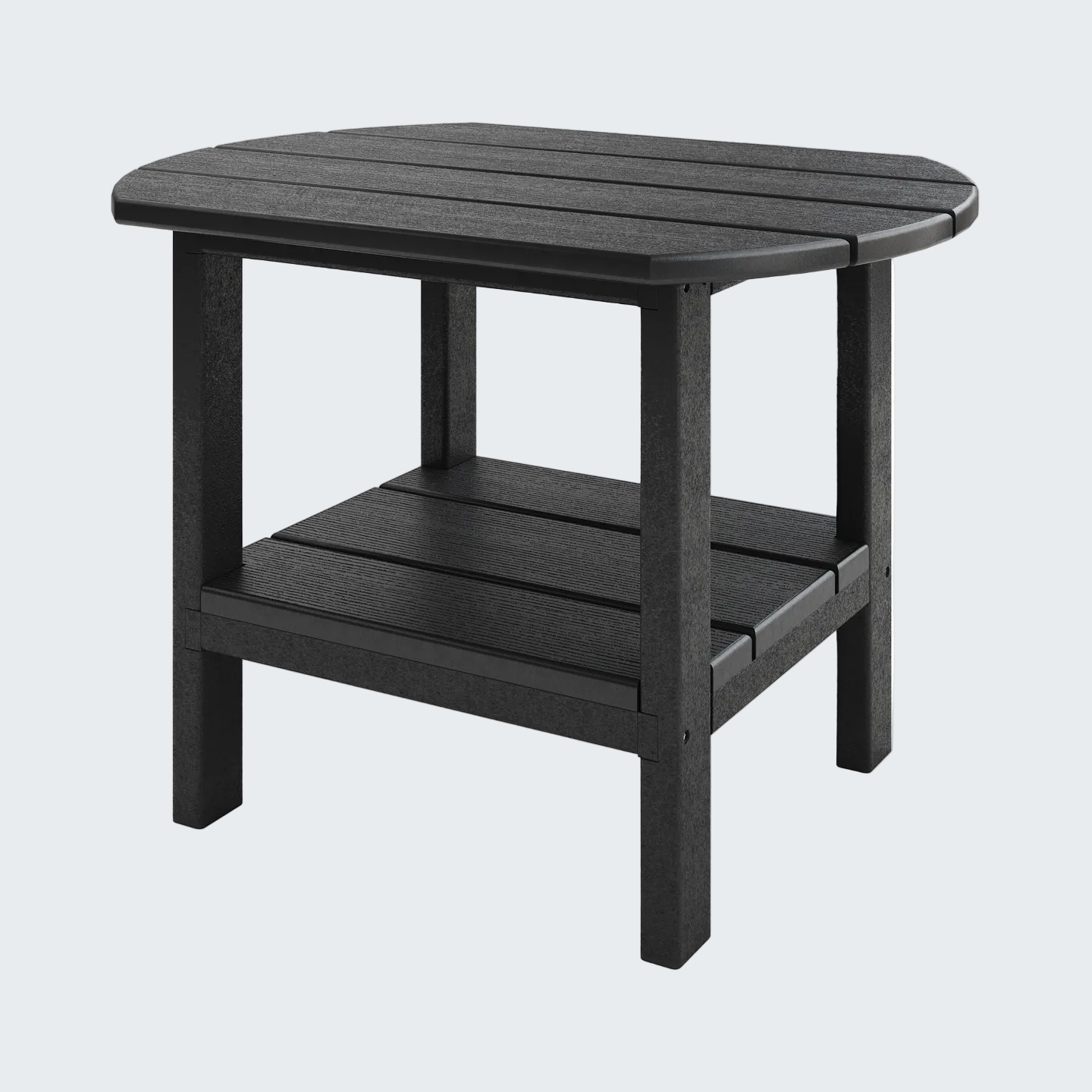 Black side table with a shelf on a white background