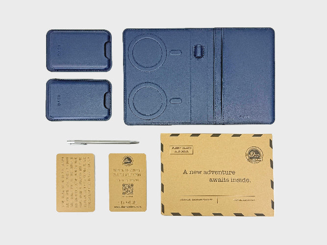 Collection of blue and cardboard packaging items on a light gray background