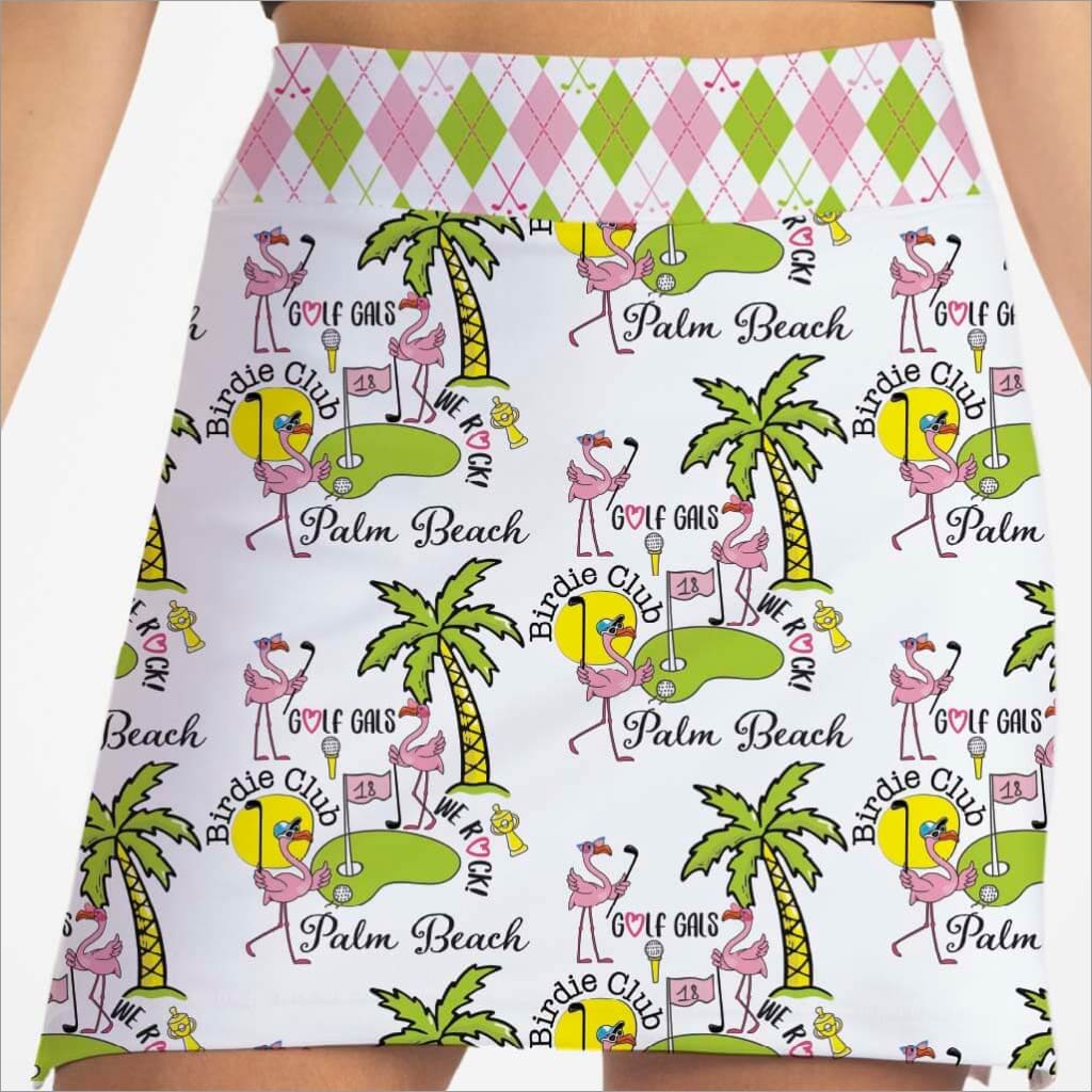 Skirt with palm tree, flamingo, and golf club pattern on a white background