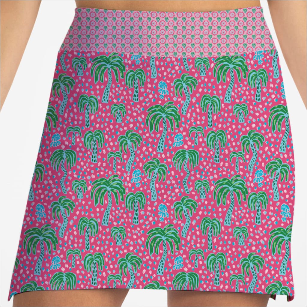 Skirt with palm tree pattern on a pink background