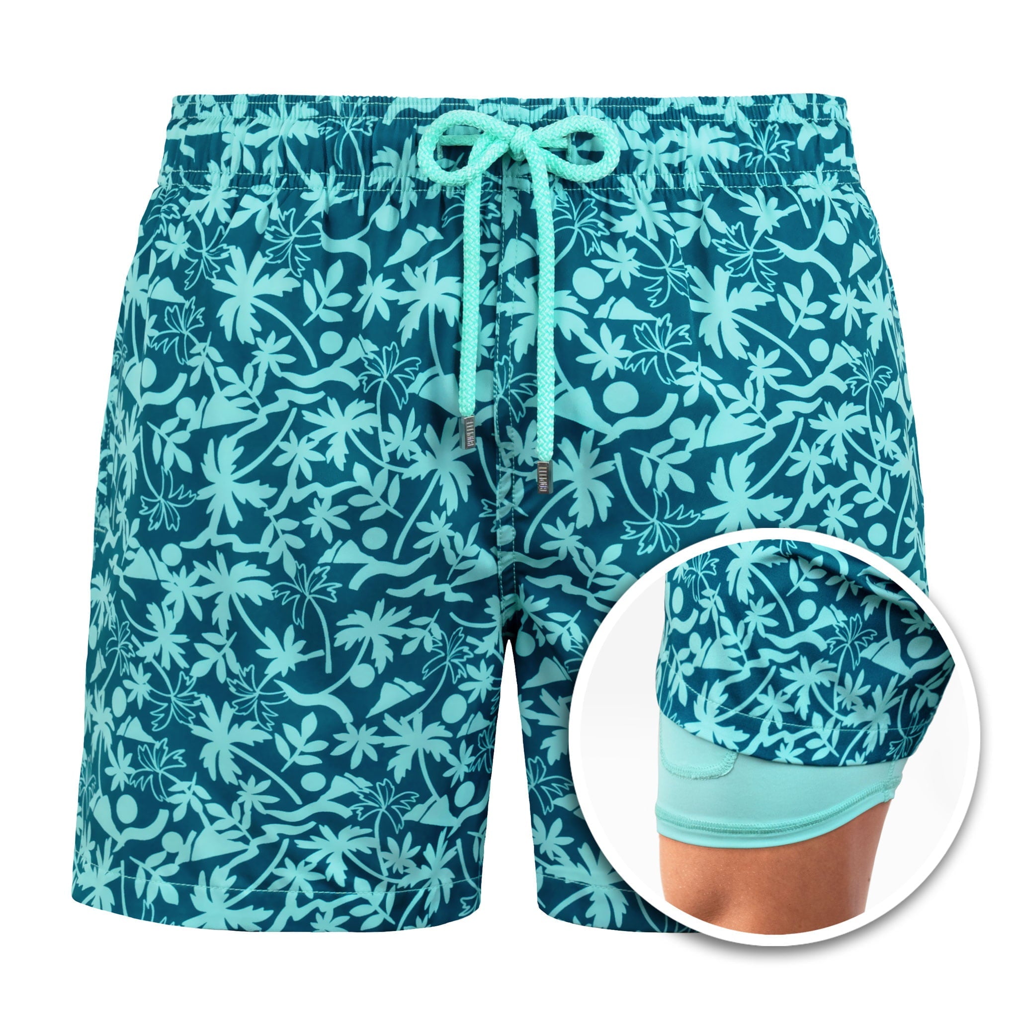 Blue floral-patterned shorts with a close-up inset on a white background