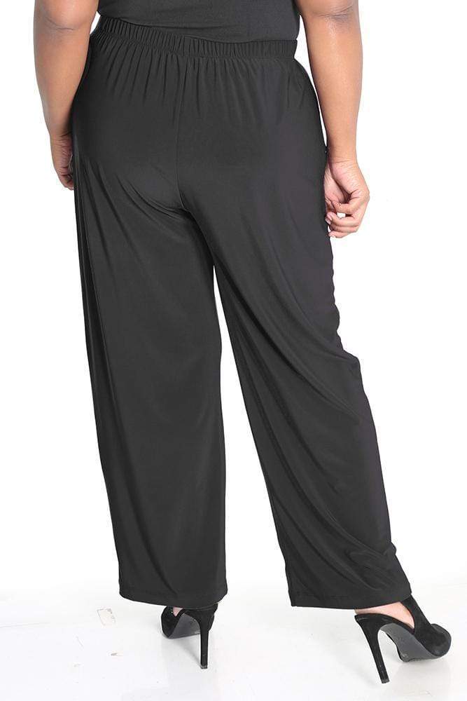 Black wide-leg pants worn by a model on a white background