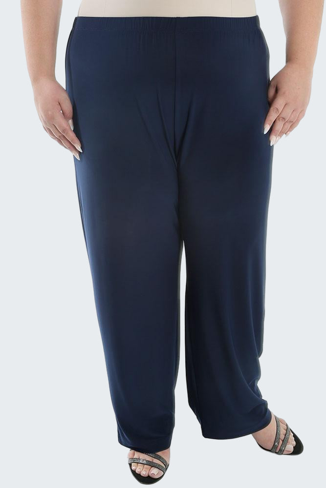 Navy blue pants worn by a person on a white background