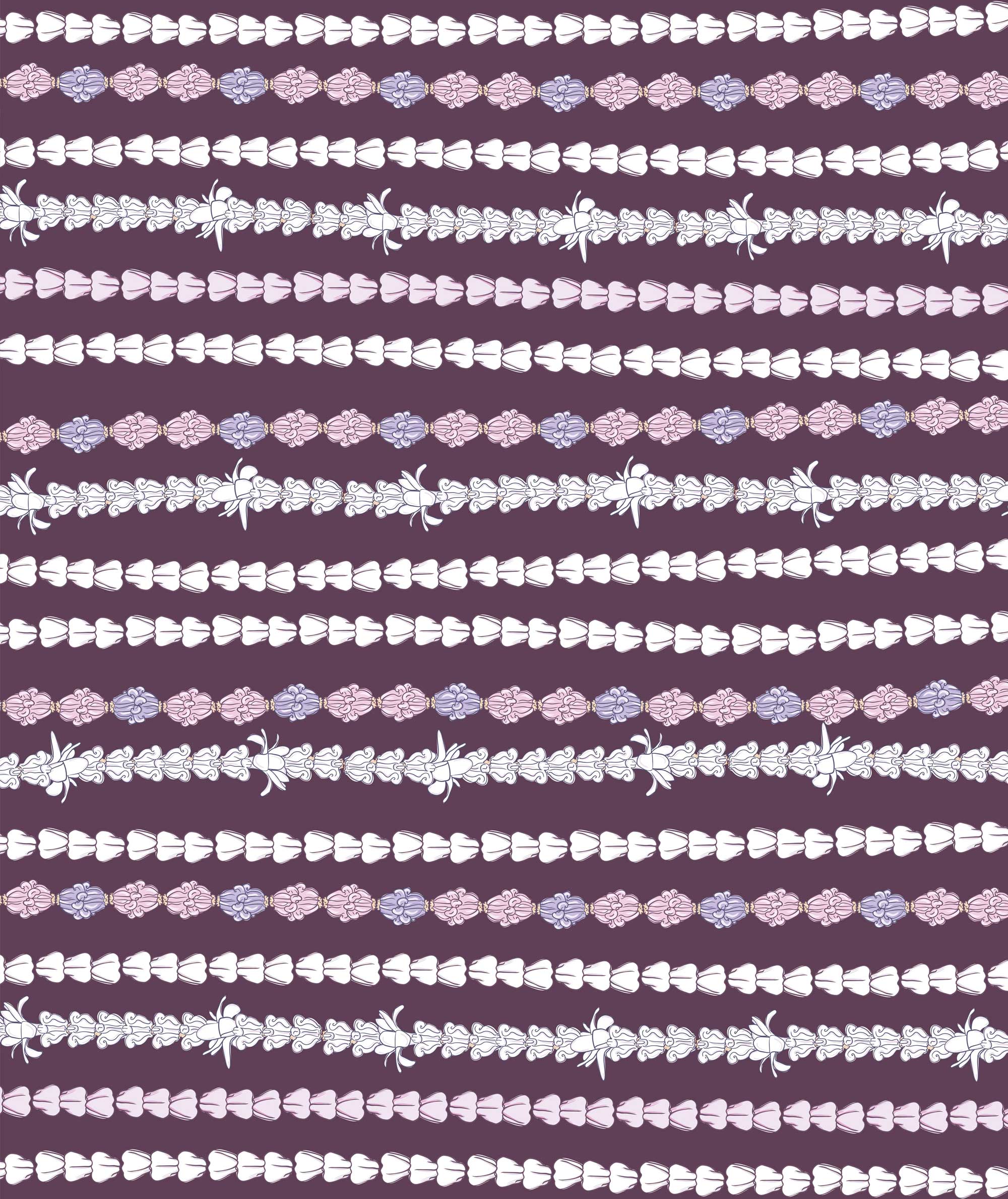 Pattern of white and pink floral designs on a purple background