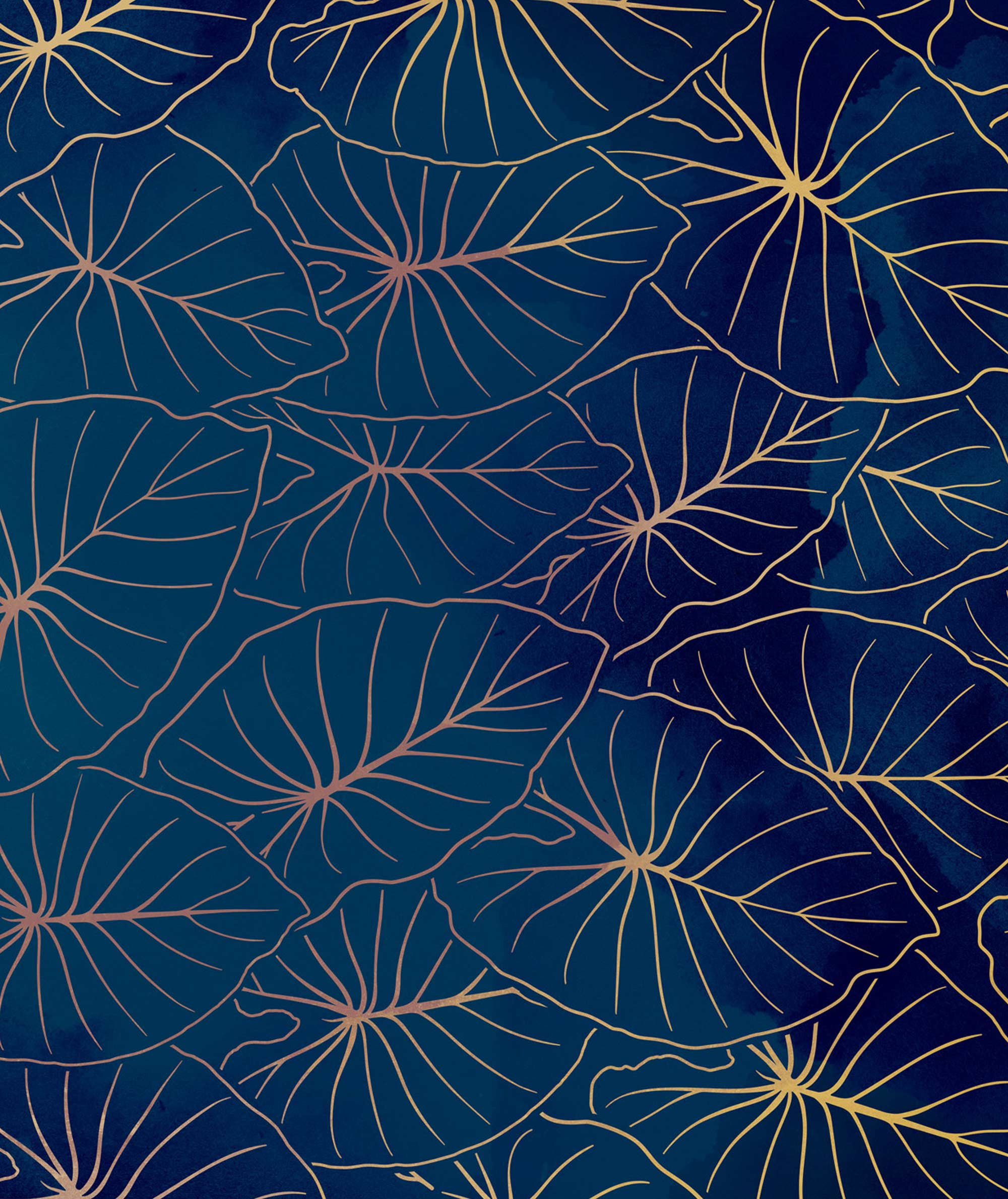 Pattern of gold leaves on a blue background
