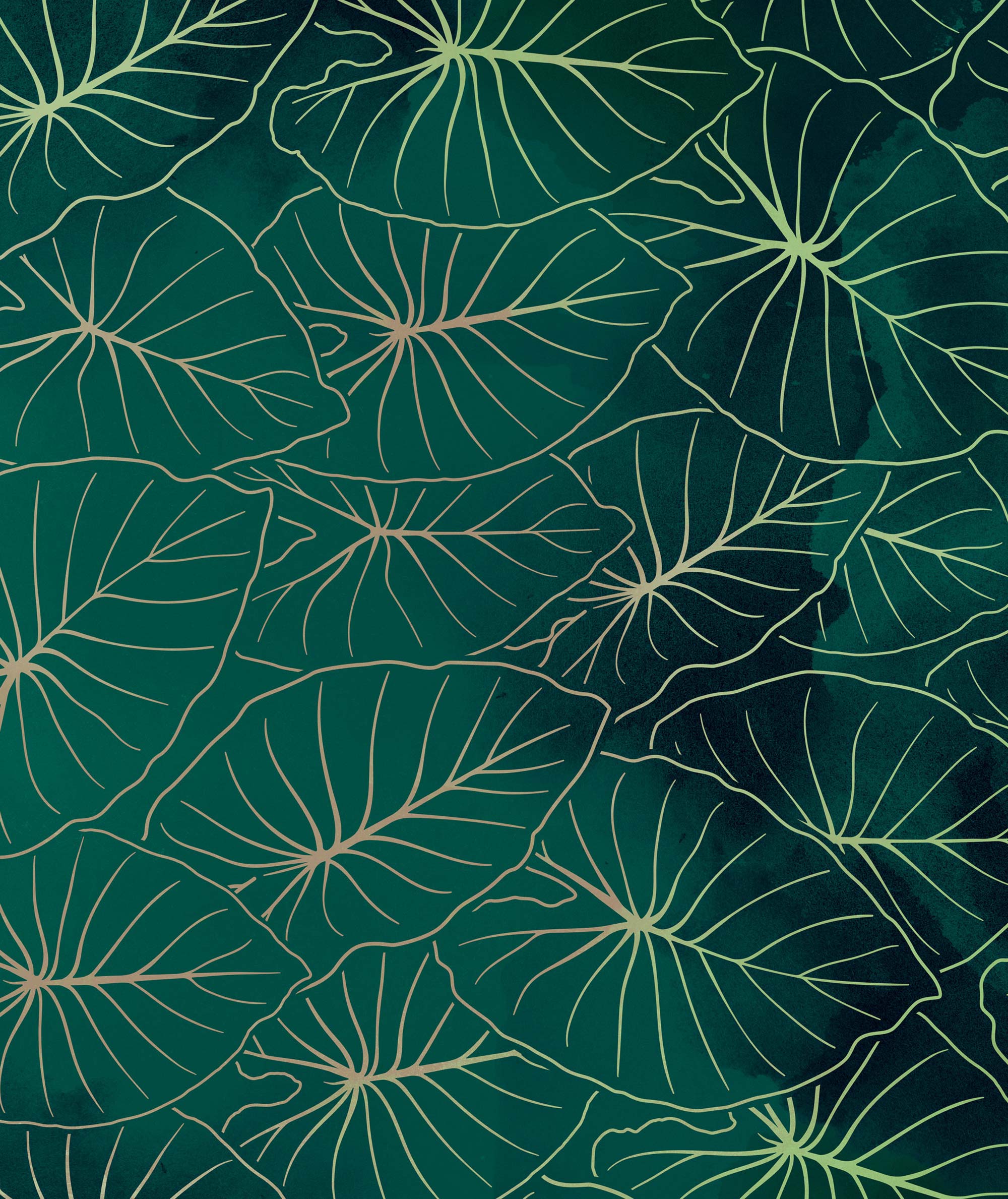 Pattern of white leaves on a dark green background
