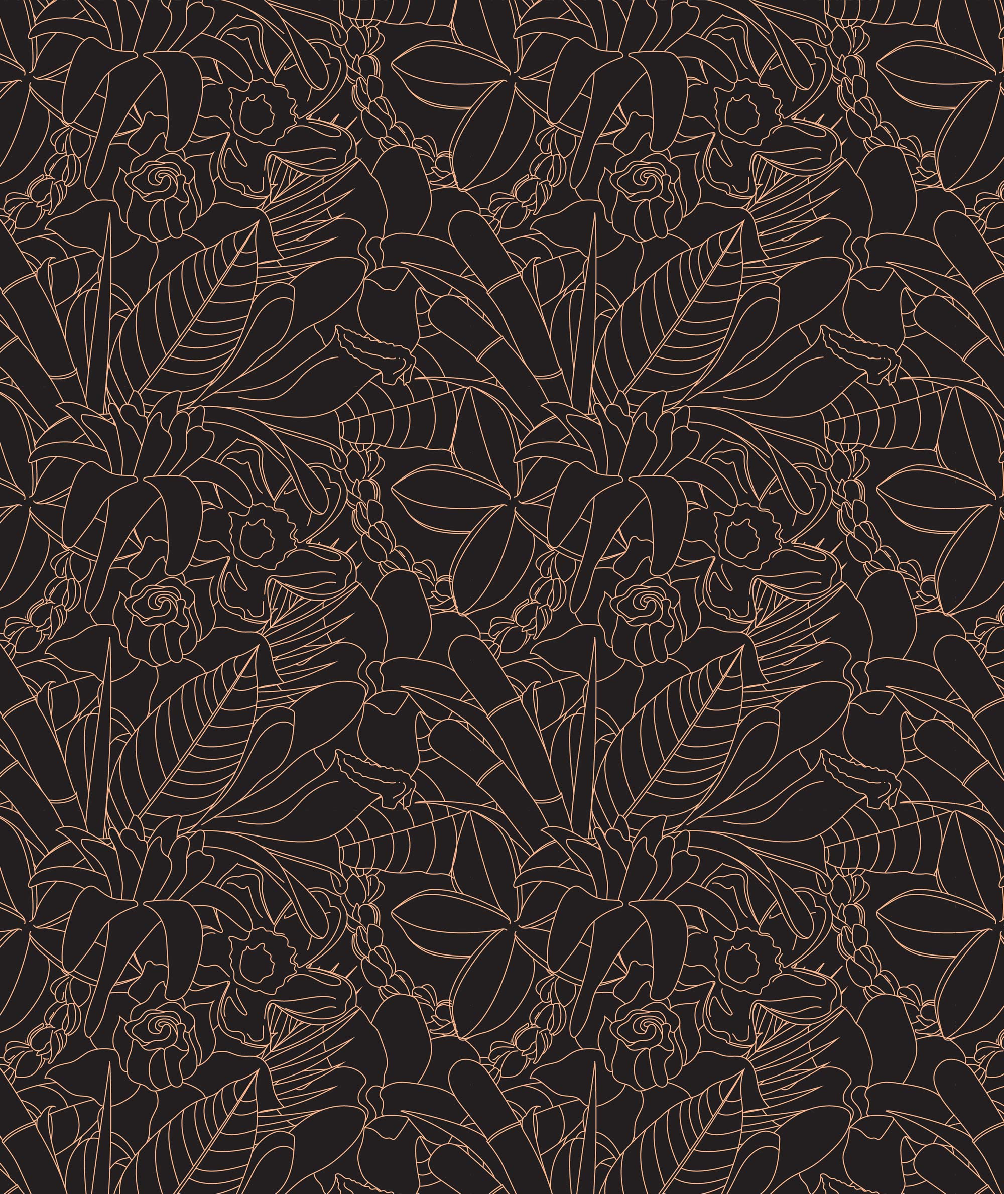 Decorative pattern of leaves and flowers in brown on a black background