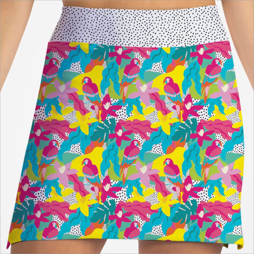 Colorful skirt with floral and bird pattern on a white background