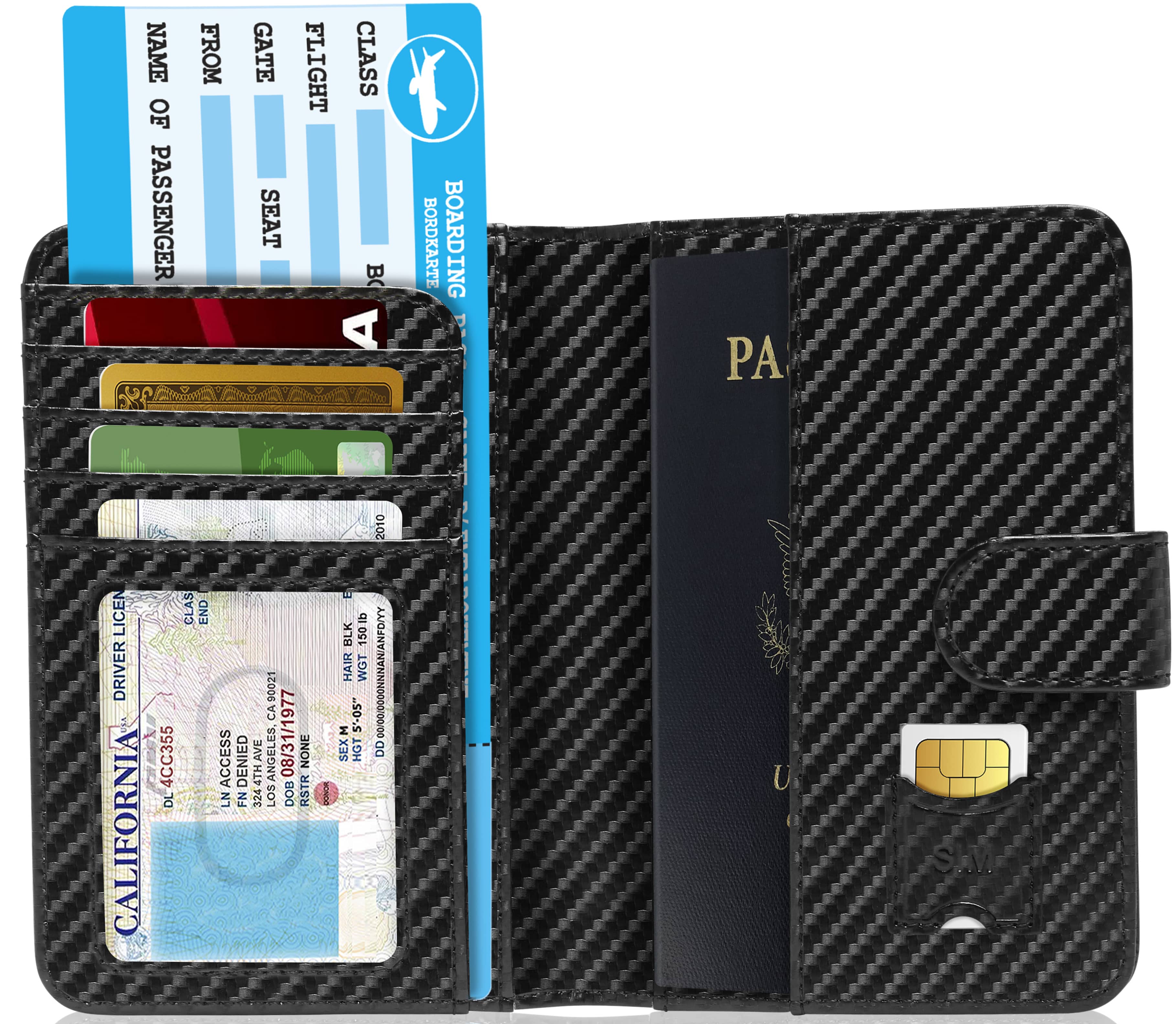 Carbon fiber texture wallet with multiple card slots and a passport holder.