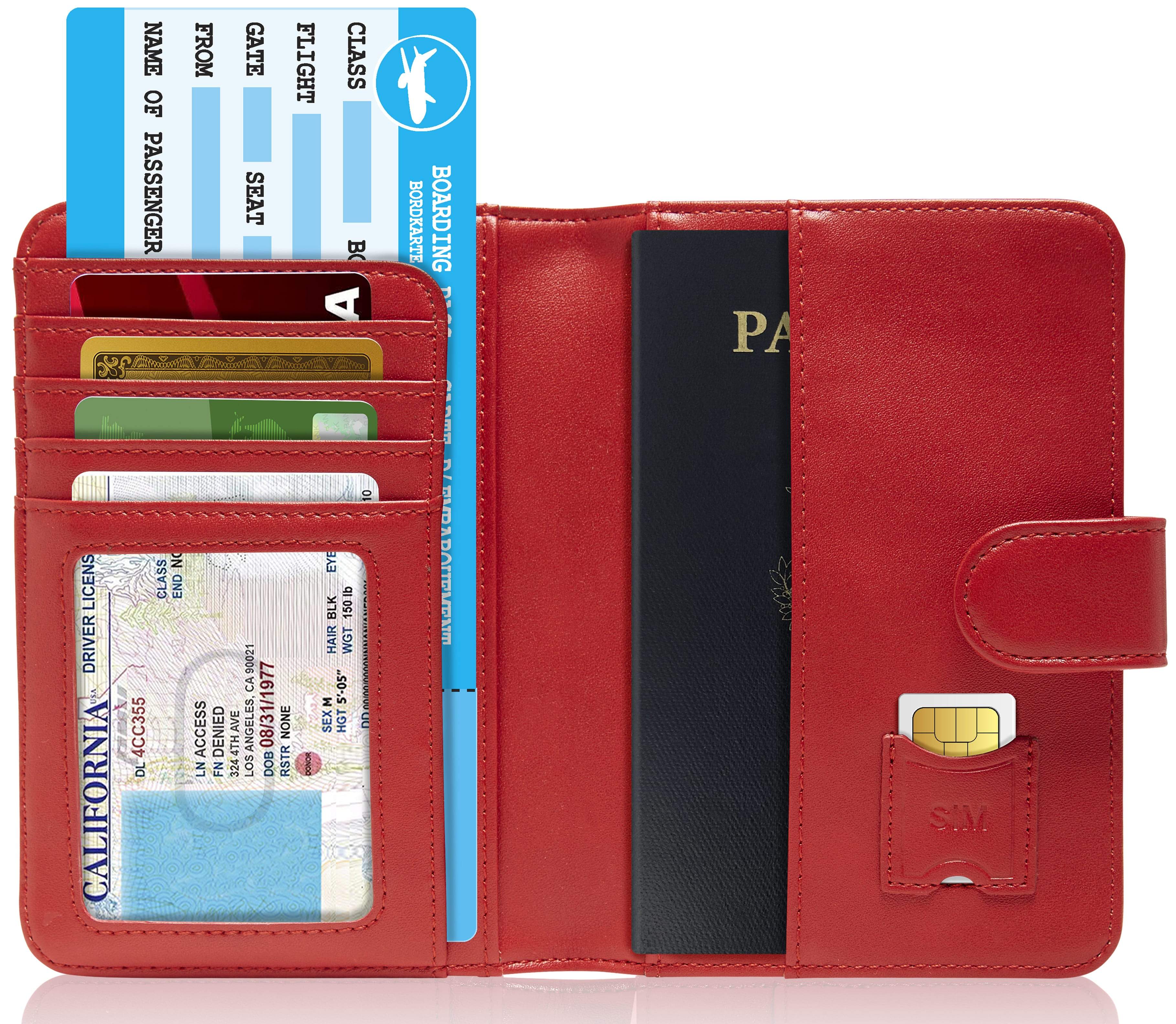 Red wallet with multiple card slots and a passport holder on a white background