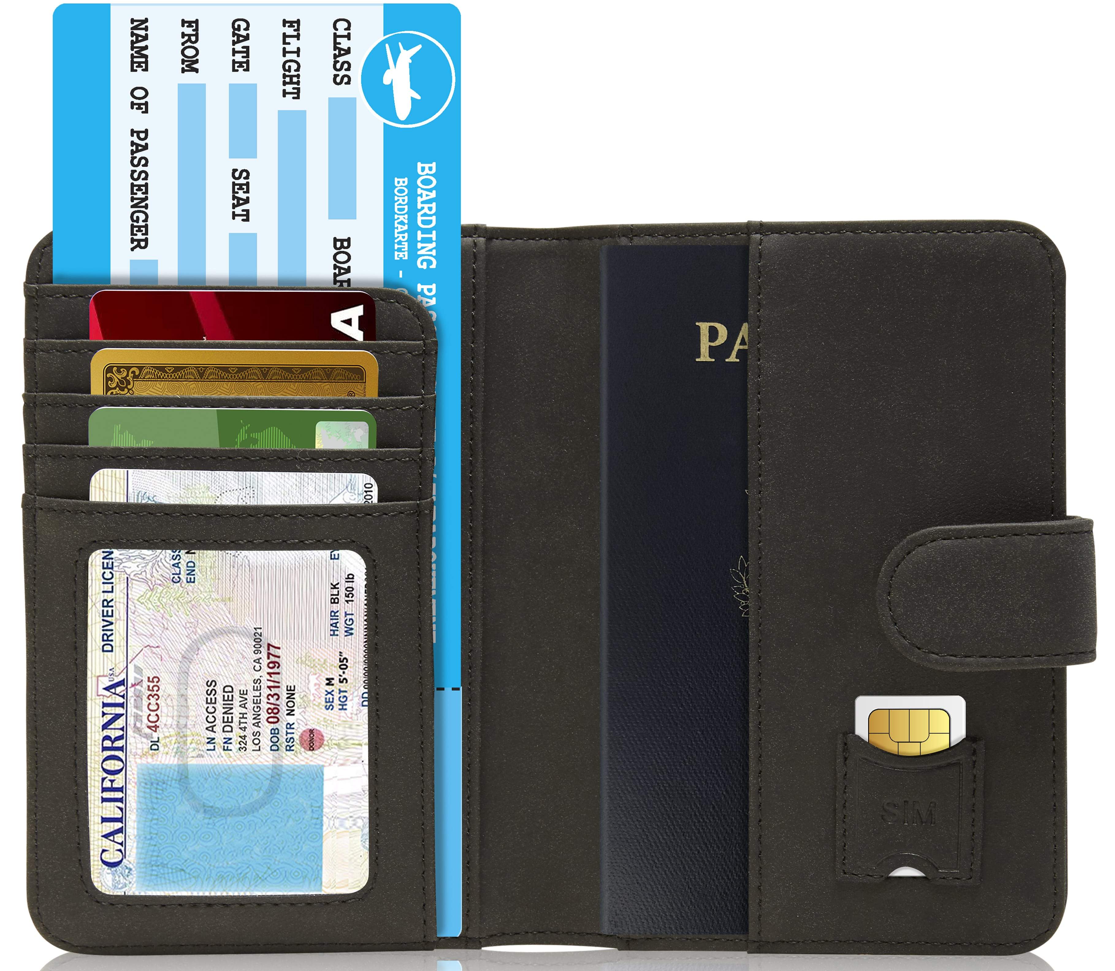 Black multi-card holder with various cards and a passport on a white background