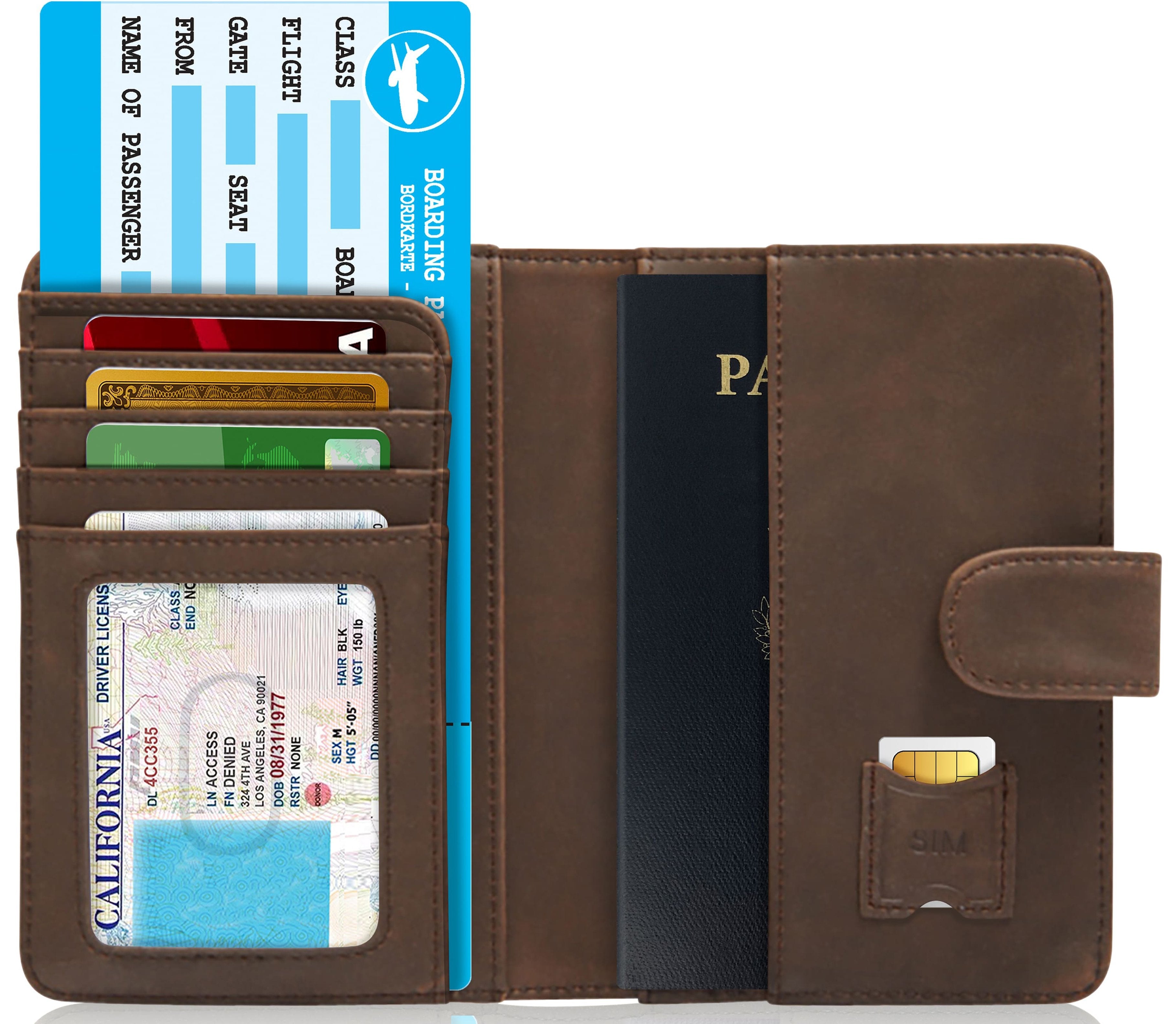 Brown leather wallet with multiple card slots and a passport holder on a white background
