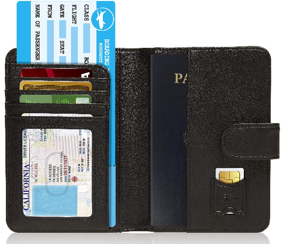 Black wallet with multiple cards and a passport holder on a white background