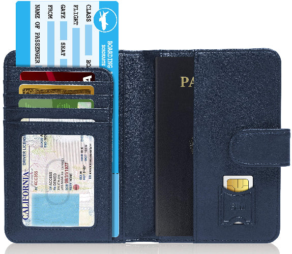 Navy blue wallet with compartments for cards, a passport, and a driver's license on a white background.