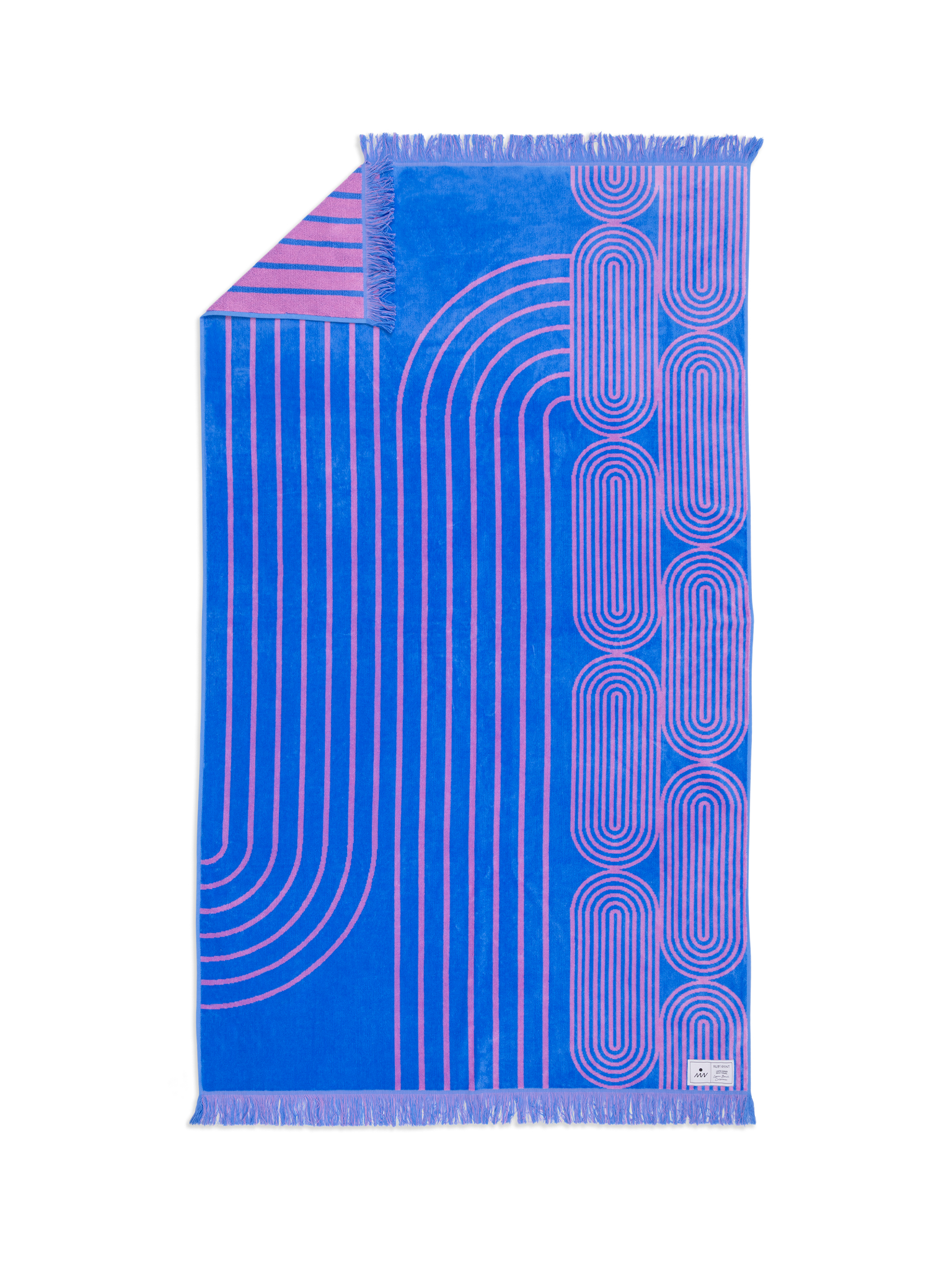 Blue towel with pink geometric pattern on a white background