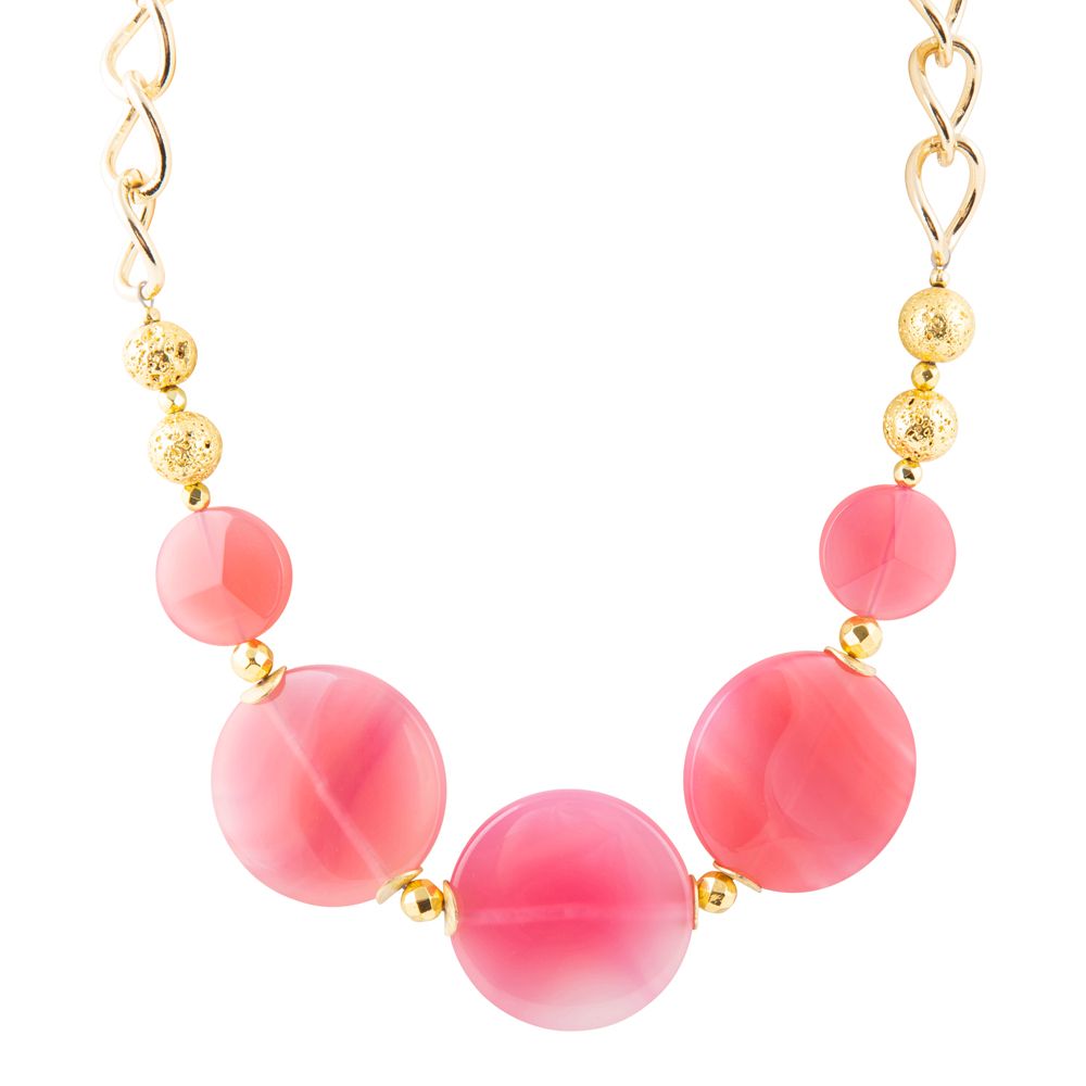 Necklace with pink beads and gold accents on a white background